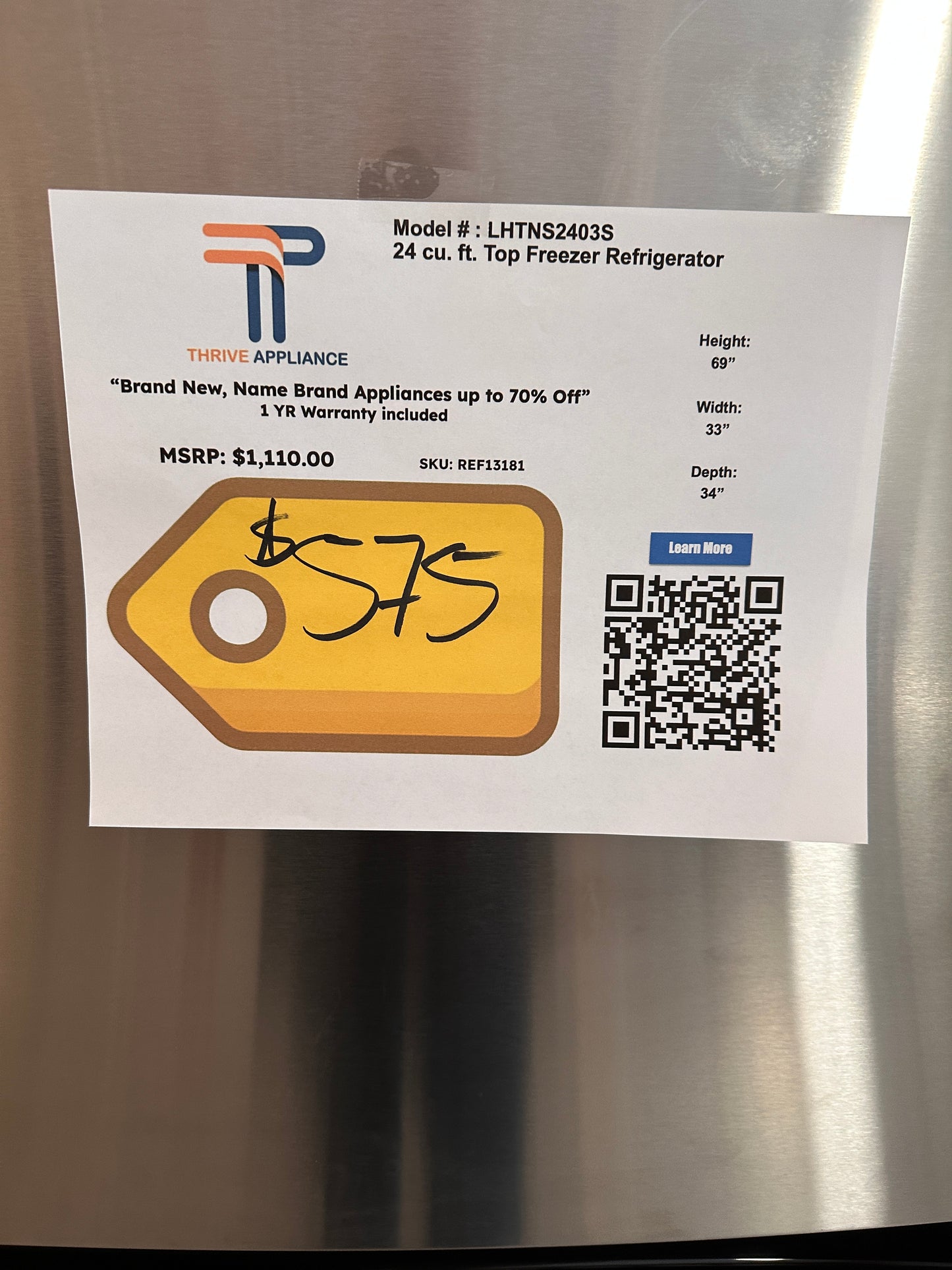 GREAT NEW TOP FREEZER REFRIGERATOR with INTERNAL WATER MODEL: LHTNS2403S REF13181