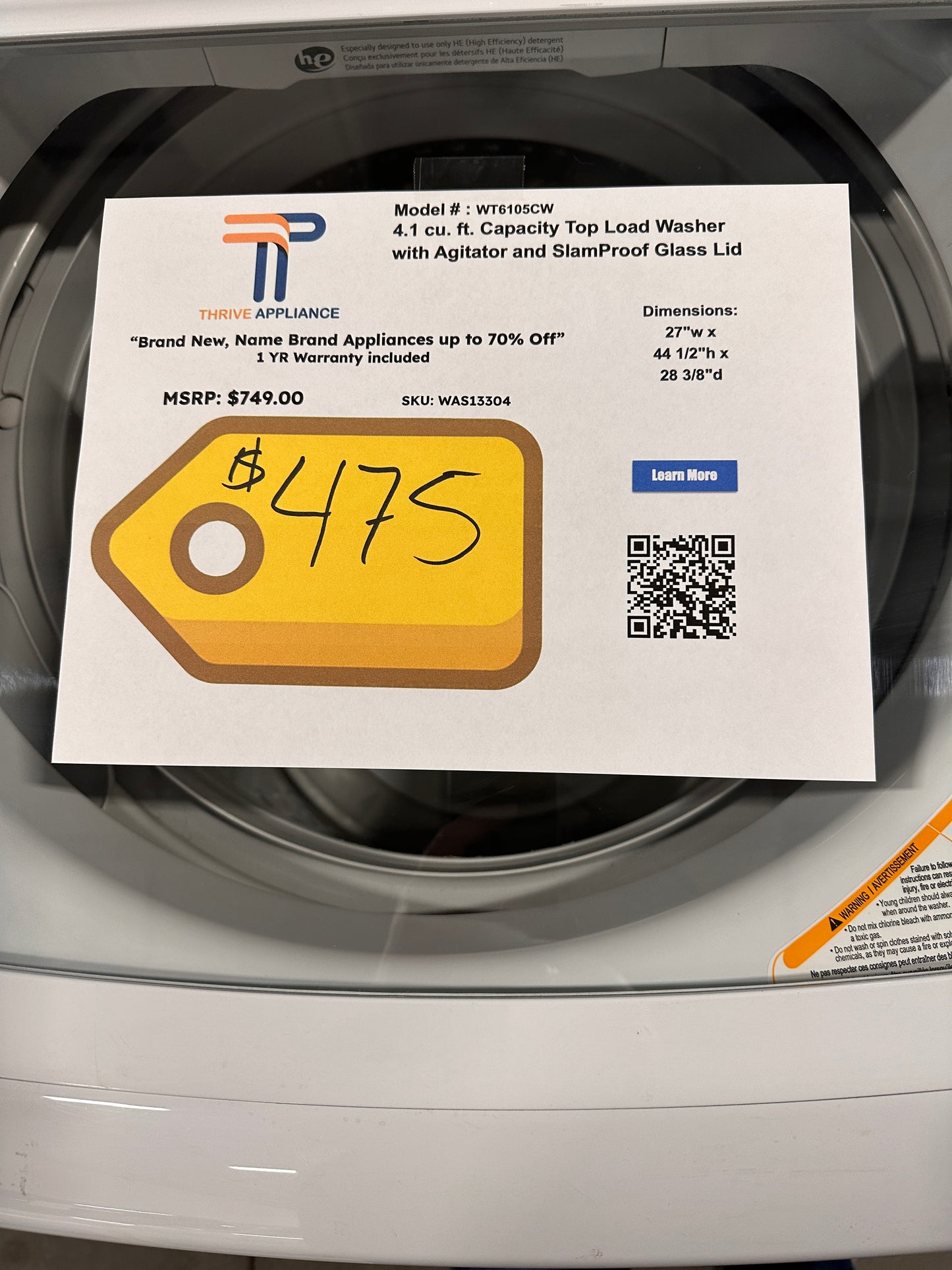 NEW LG TOP LOAD WASHER with SLAMPROOF LID MODEL: WT6105CW WAS13304