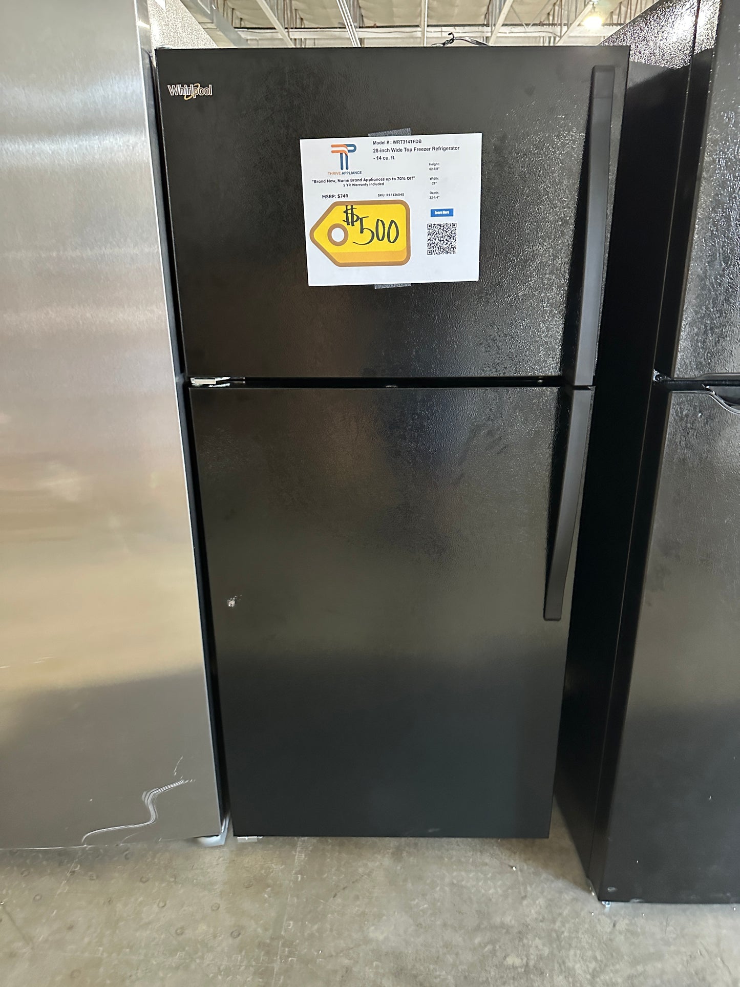 GREAT NEW BLACK TOP FREEZER REFRIGERATOR MODEL: WRT314TFDB REF13604S