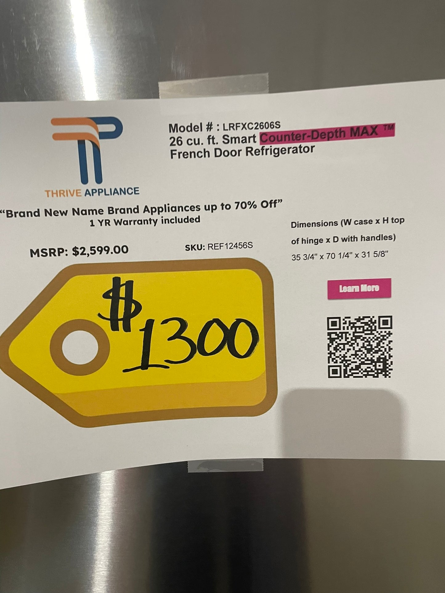 COUNTER DEPTH LG FRENCH DOOR REFRIGERATOR MODEL: LRFXC2606S REF12456S