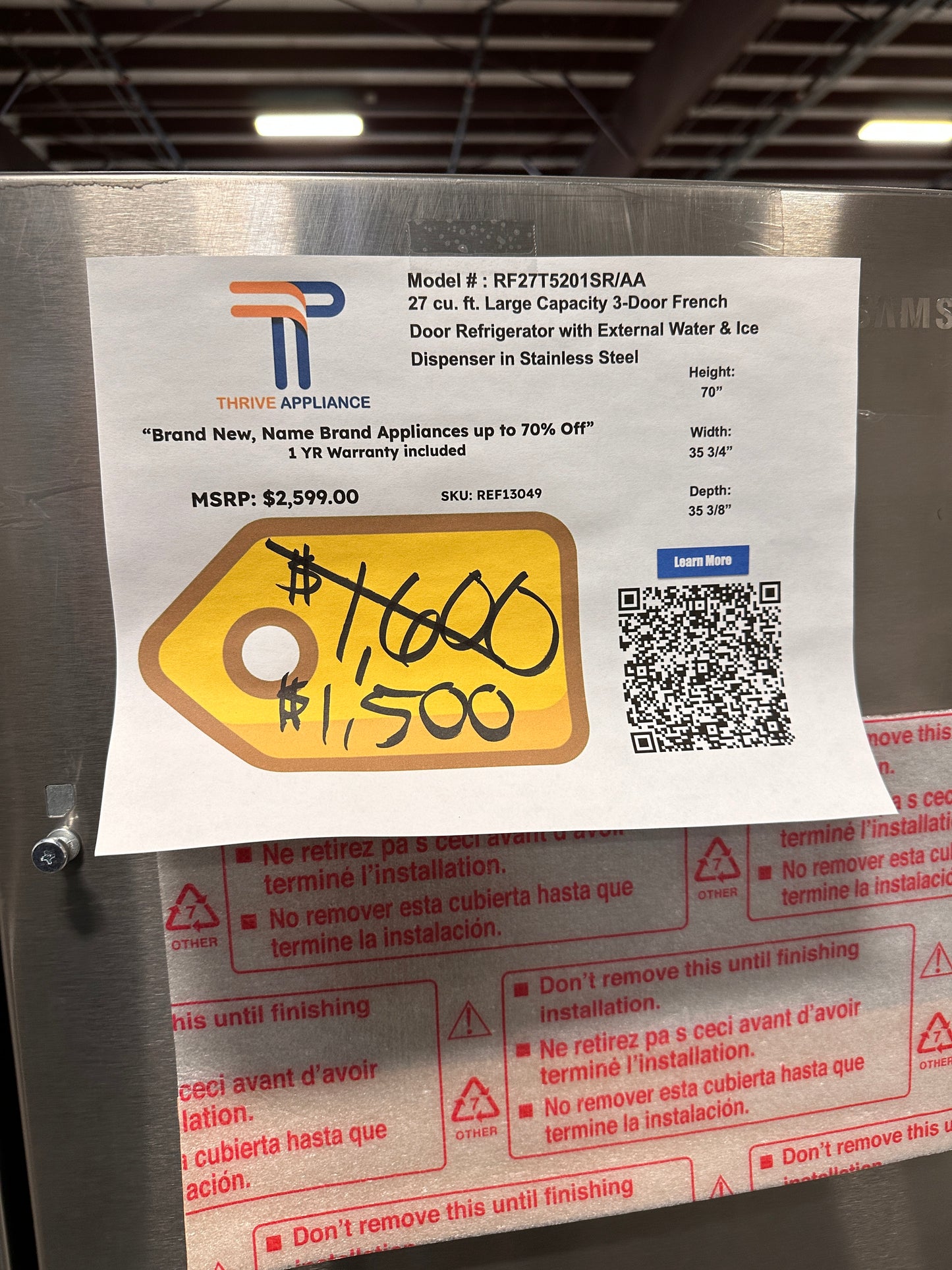 GREAT NEW SAMSUNG FRENCH DOOR REFRIGERATOR MODEL: RF27T5201SR/AA REF13049