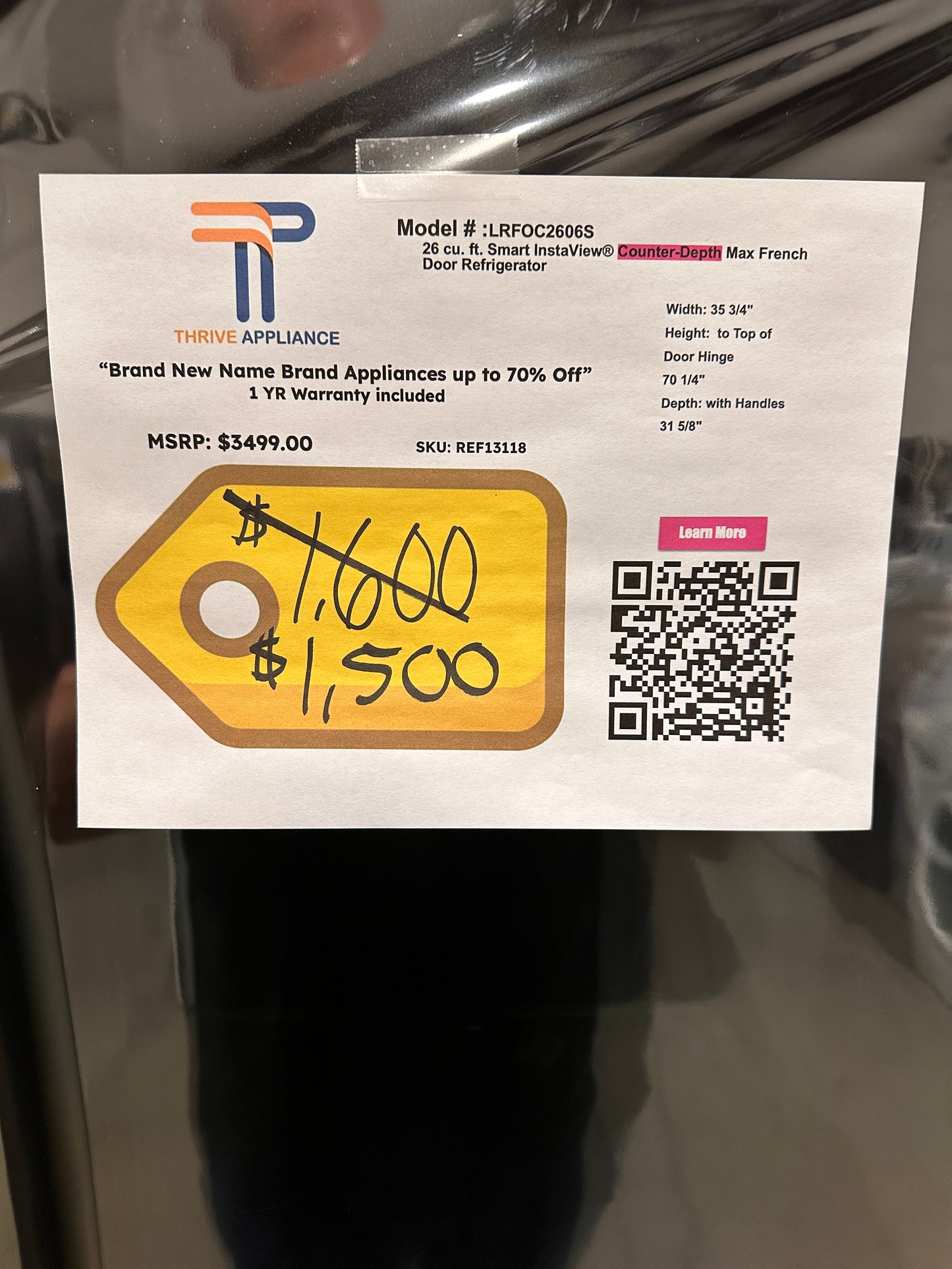 COUNTER DEPTH NEW LG INSTAVIEW REFRIGERATOR MODEL: LRFOC2606S REF13118