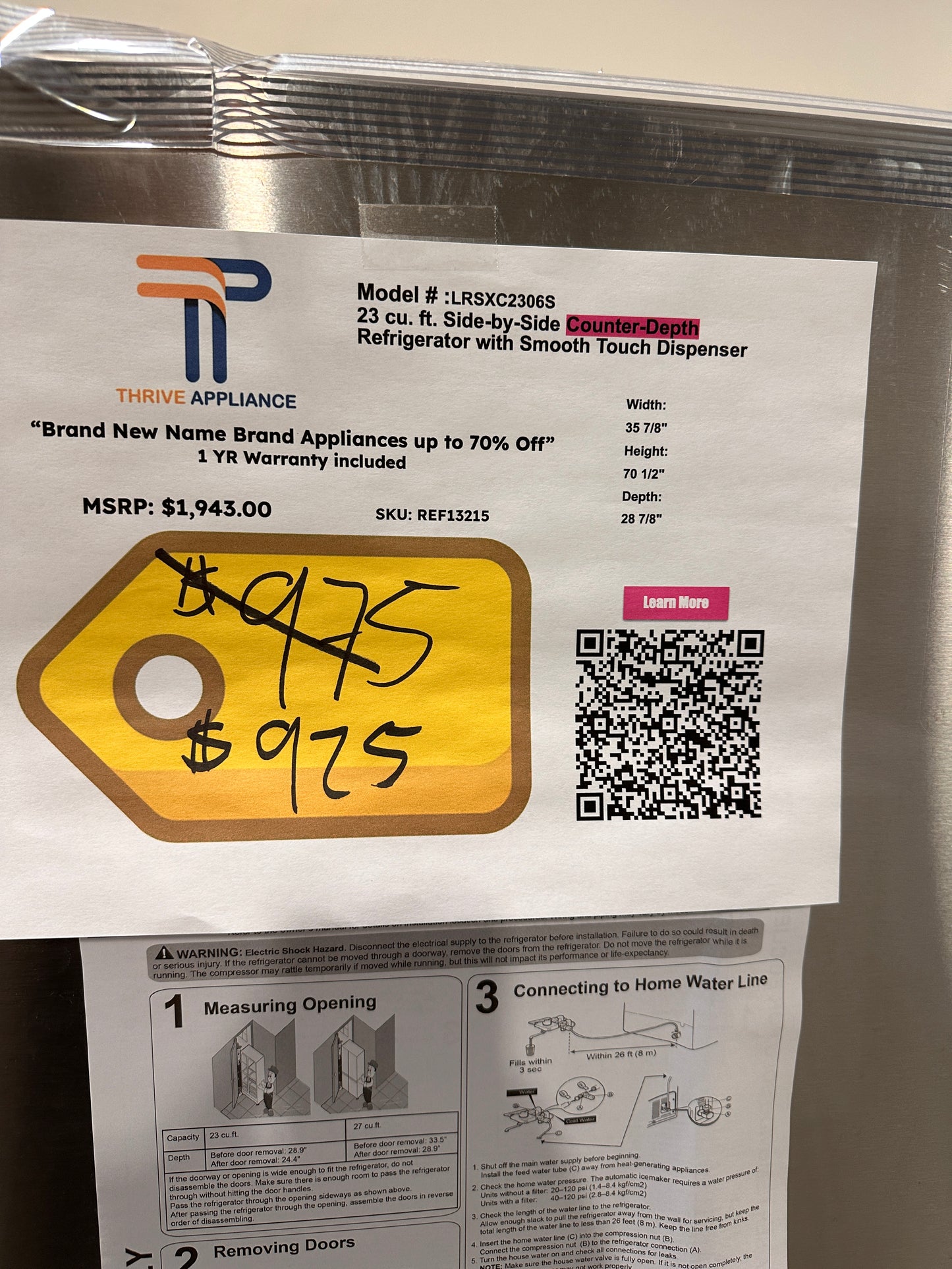 BRAND NEW COUNTER DEPTH LG SIDE BY SIDE REFRIGERATOR MODEL:LRSXC2306S REF13215