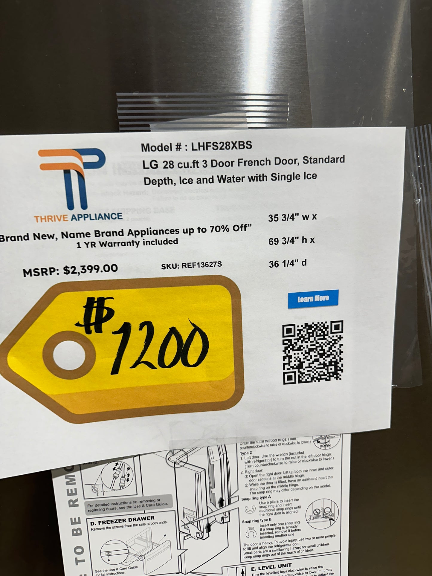GREAT NEW LG FRENCH DOOR SMART REFRIGERATOR MODEL: LHFS28XBS REF13628S