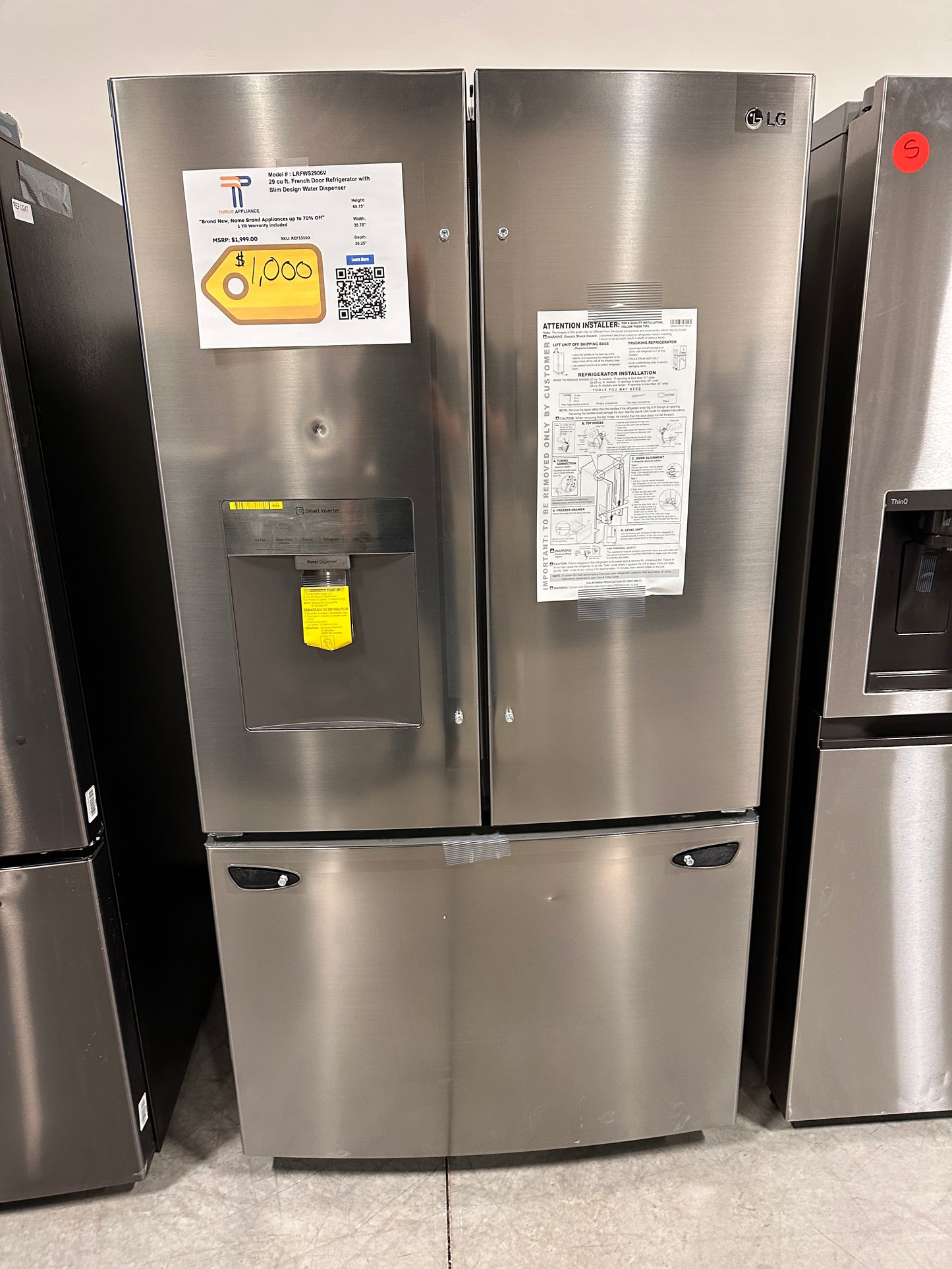 PRICE REDUCTION 29 CU FT FRENCH DOOR LG DOOR IN DOOR REFRIGERATOR MODEL:LRFWS2906V REF13150