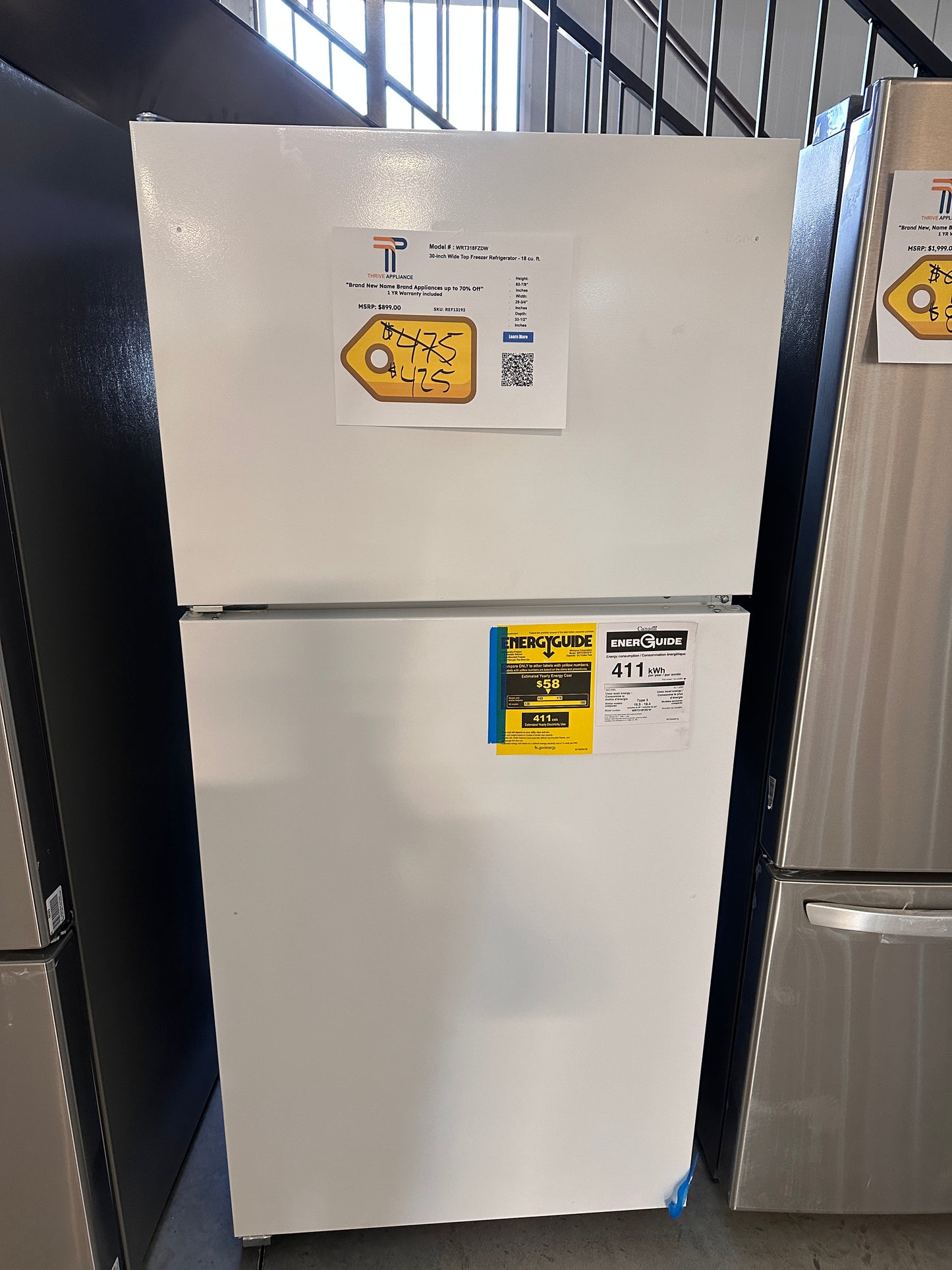 SALE PRICE BRAND NEW TOP FREEZER WHITE WHIRLPOOL REFRIGERATOR MODEL: WRT318FZDW REF13193