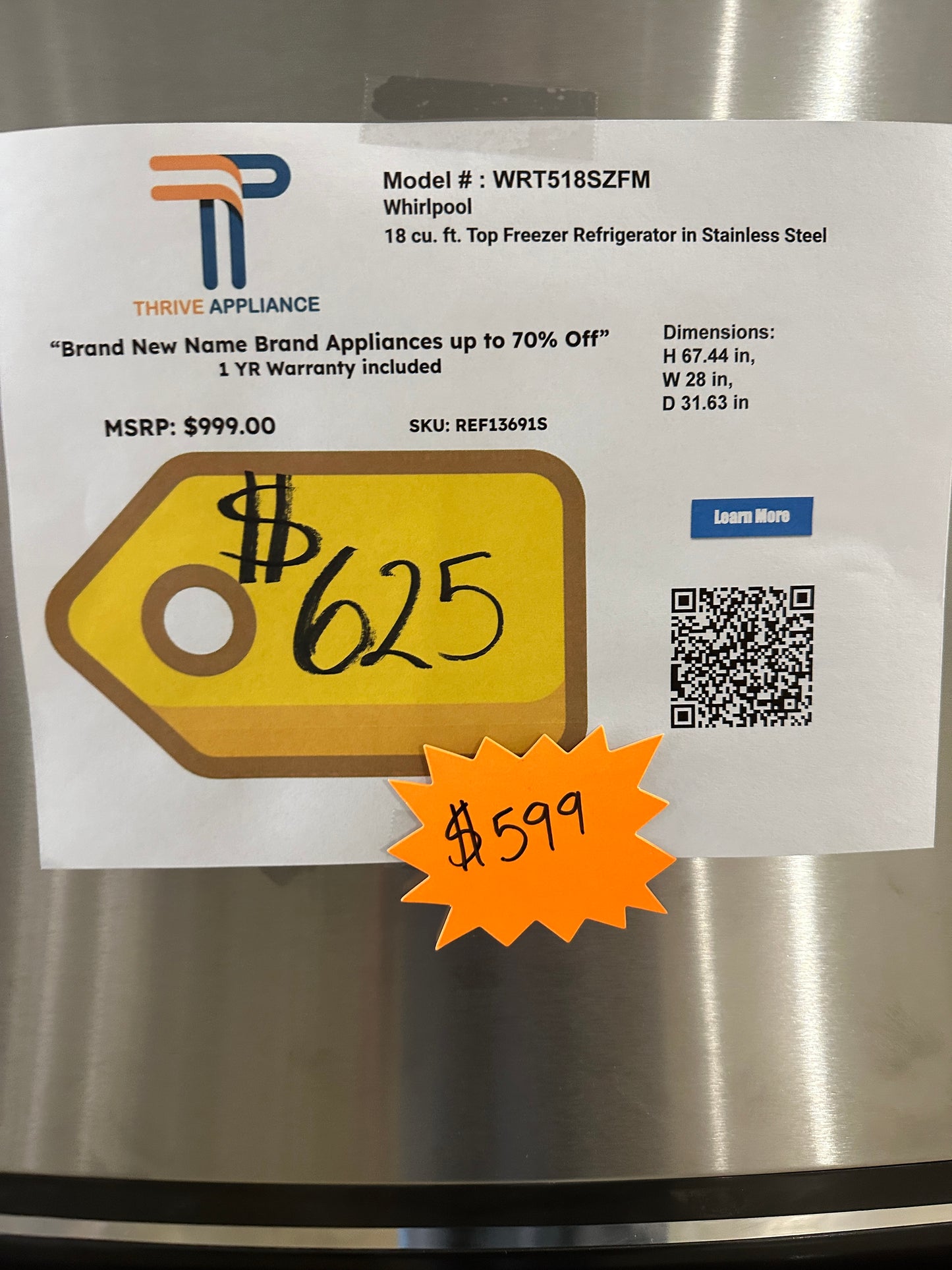 GORGEOUS NEW DISCOUNTED TOP FREEZER REFRIGERATOR MODEL: WRT518SZFM REF13691S