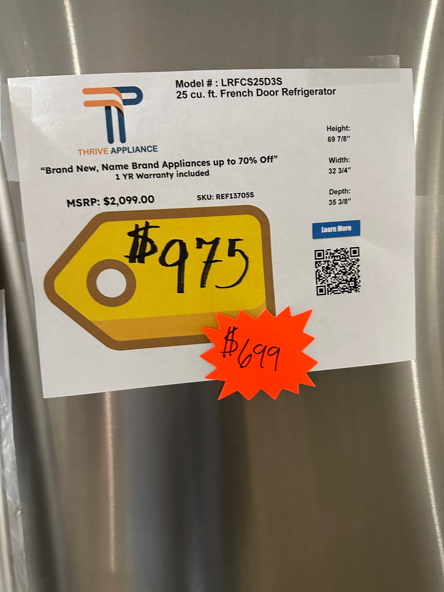 LG - 25.1 Cu. Ft. French Door Refrigerator with Ice Maker - Stainless Steel MODEL: LRFCS25D3S REF13705S