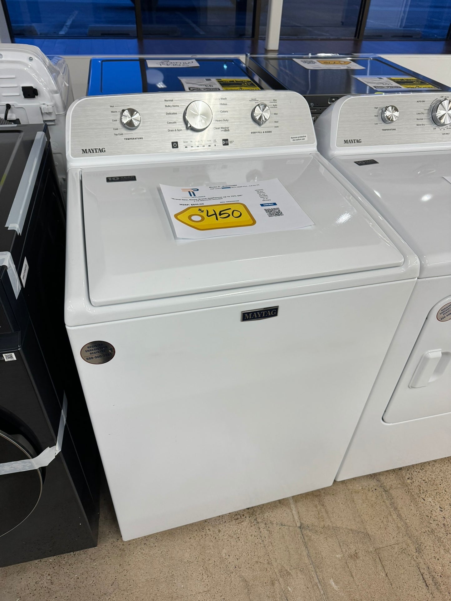 NEW MAYTAG TOP LOAD WASHER WITH DEEP FILL MODEL: MVW4505MW  WAS10018R