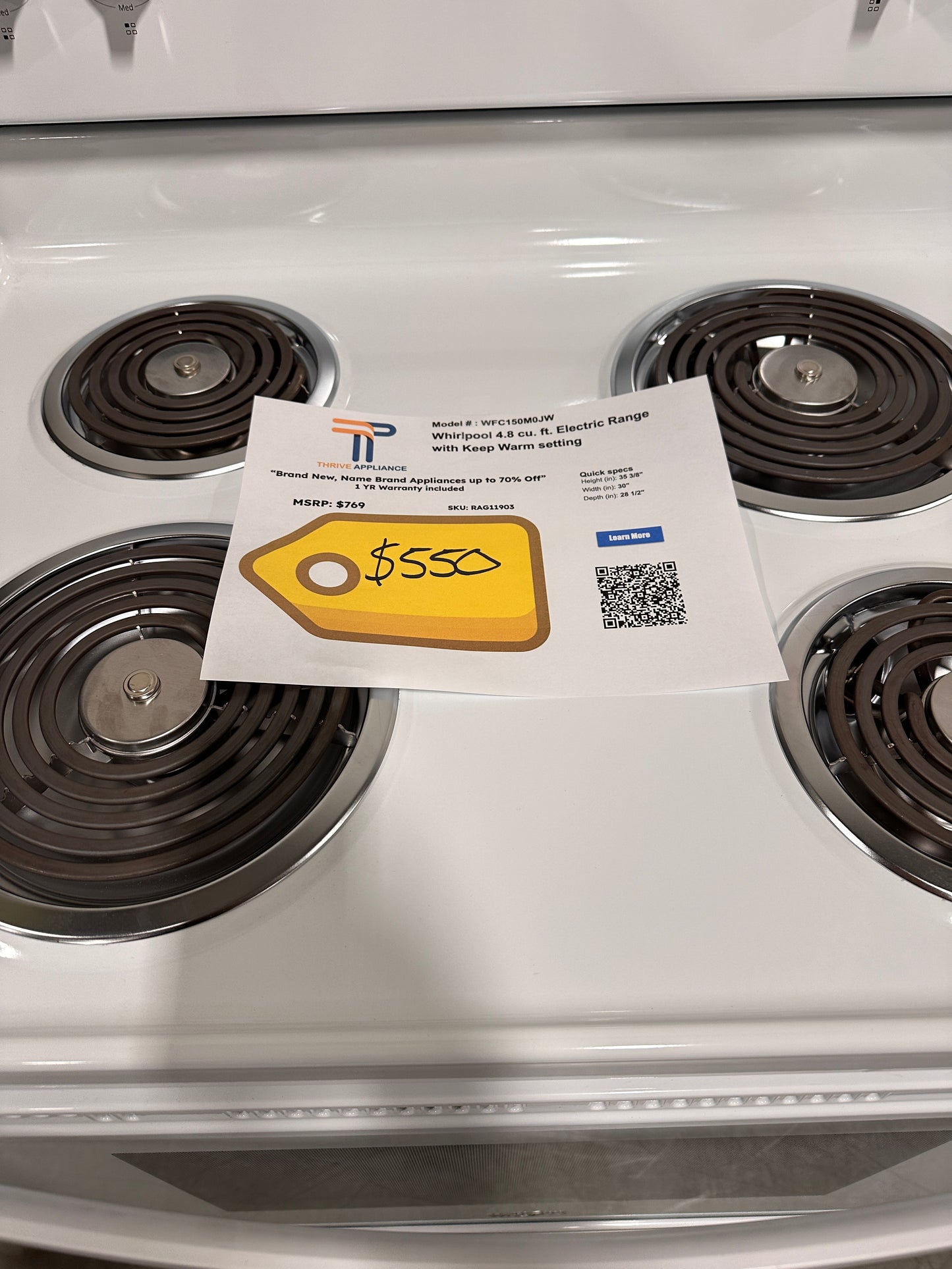 GREAT NEW WHIRLPOOL ELECTRIC RANGE MODEL: WFC150M0JW RAG11903