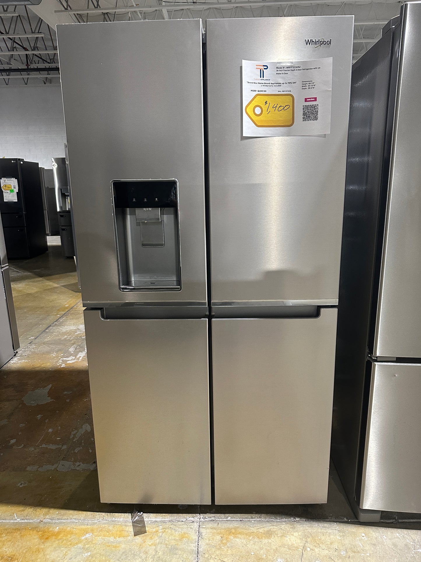 GREAT PRICE! Whirlpool Counter Depth 4 Door Refrigerator with Ice Maker MODEL: WRQC7836RZ REF13745S