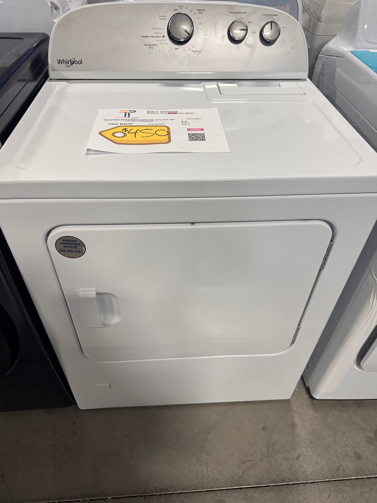 GREAT NEW WHIRLPOOL ELECTRIC DRYER MODEL: WED4815EW DRY12671