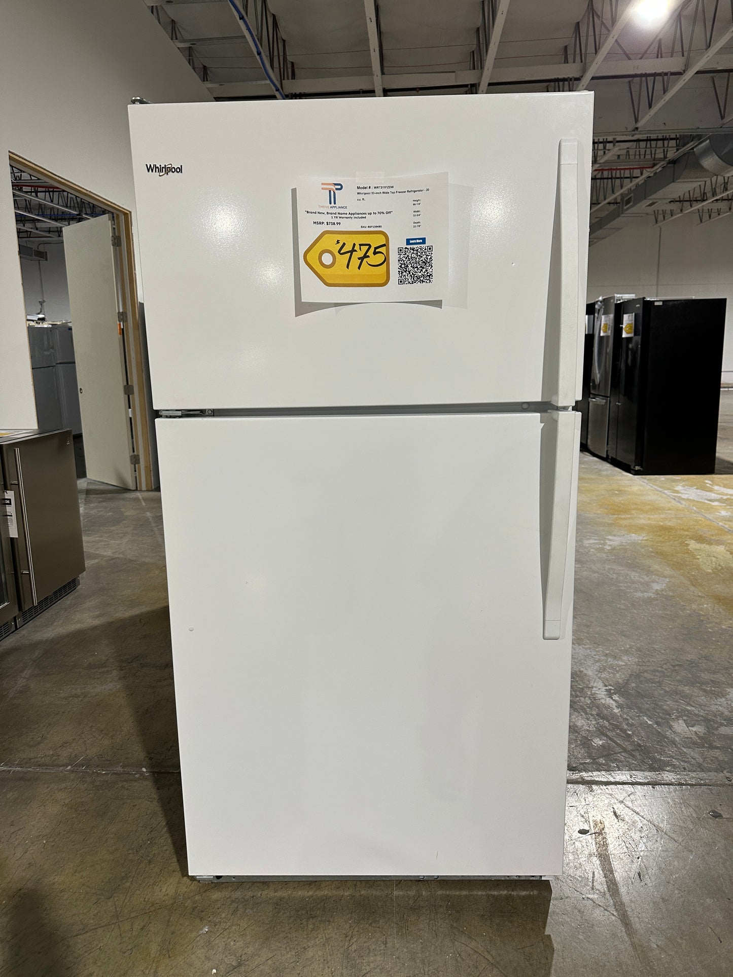 Whirlpool 33-inch Wide Top Freezer Refrigerator MODEL: WRT311FZDW REF13848S