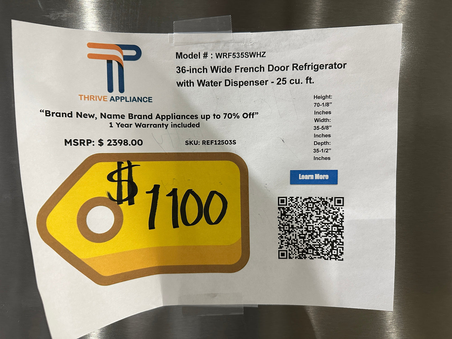 BRAND NEW! Whirlpool 25.2 Cu. Ft French Door Refrigerator MODEL: WRF535SWHZ REF12503S