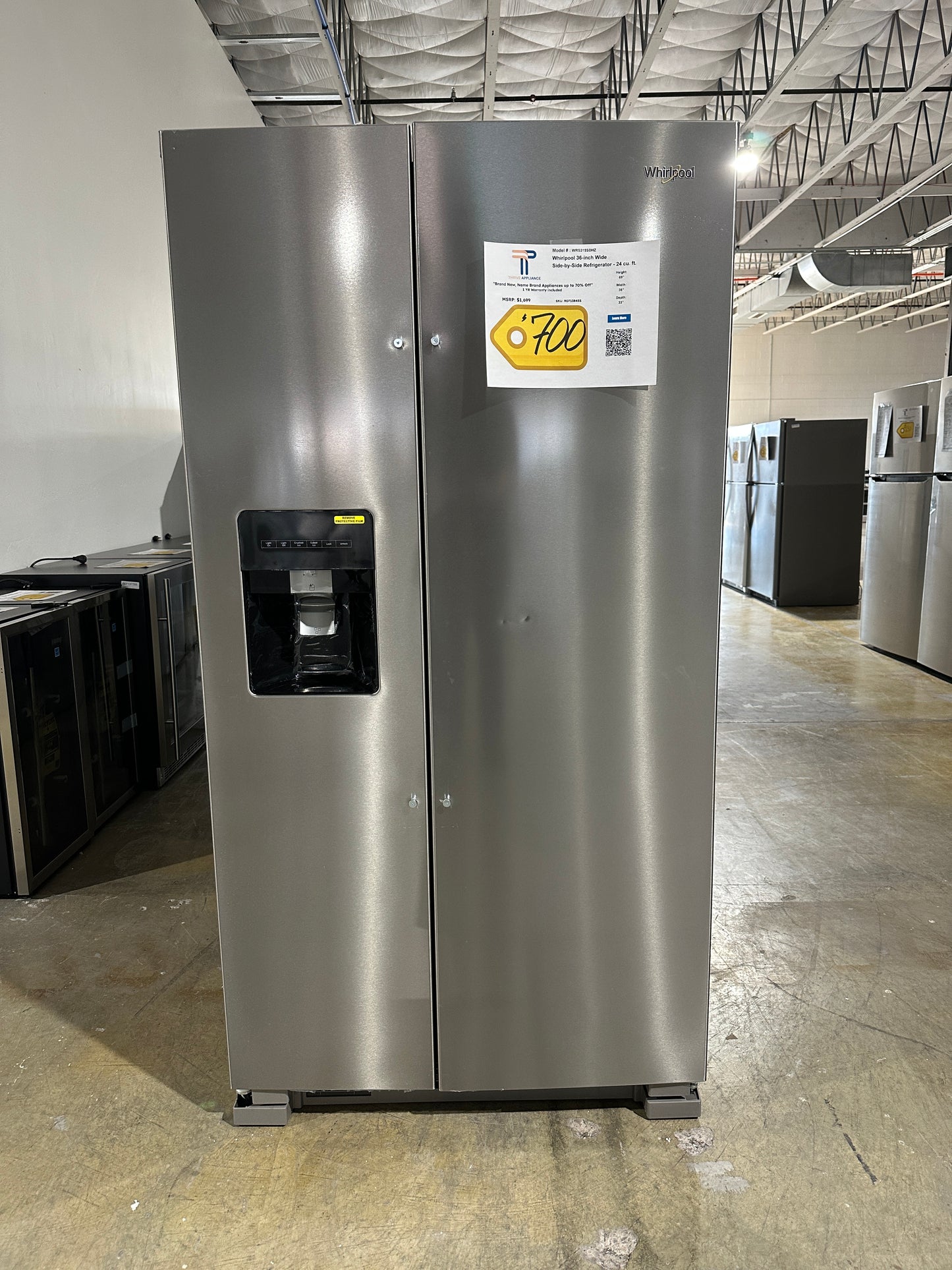 LOW PRICE! Whirlpool 36 Side-by-Side Refrigerator MODEL: WRS315SDHZ REF13845S