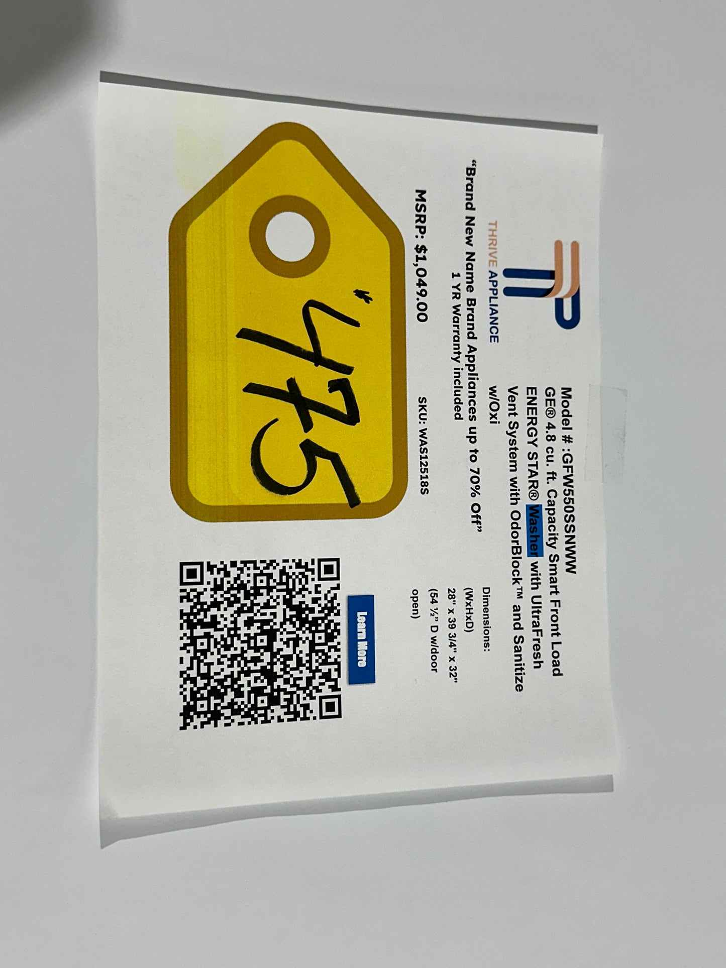 BRAND NEW! GE 4.8 cu. ft. Capacity Smart Front Load Washer MODEL: GFW550SSNWW WAS12518S