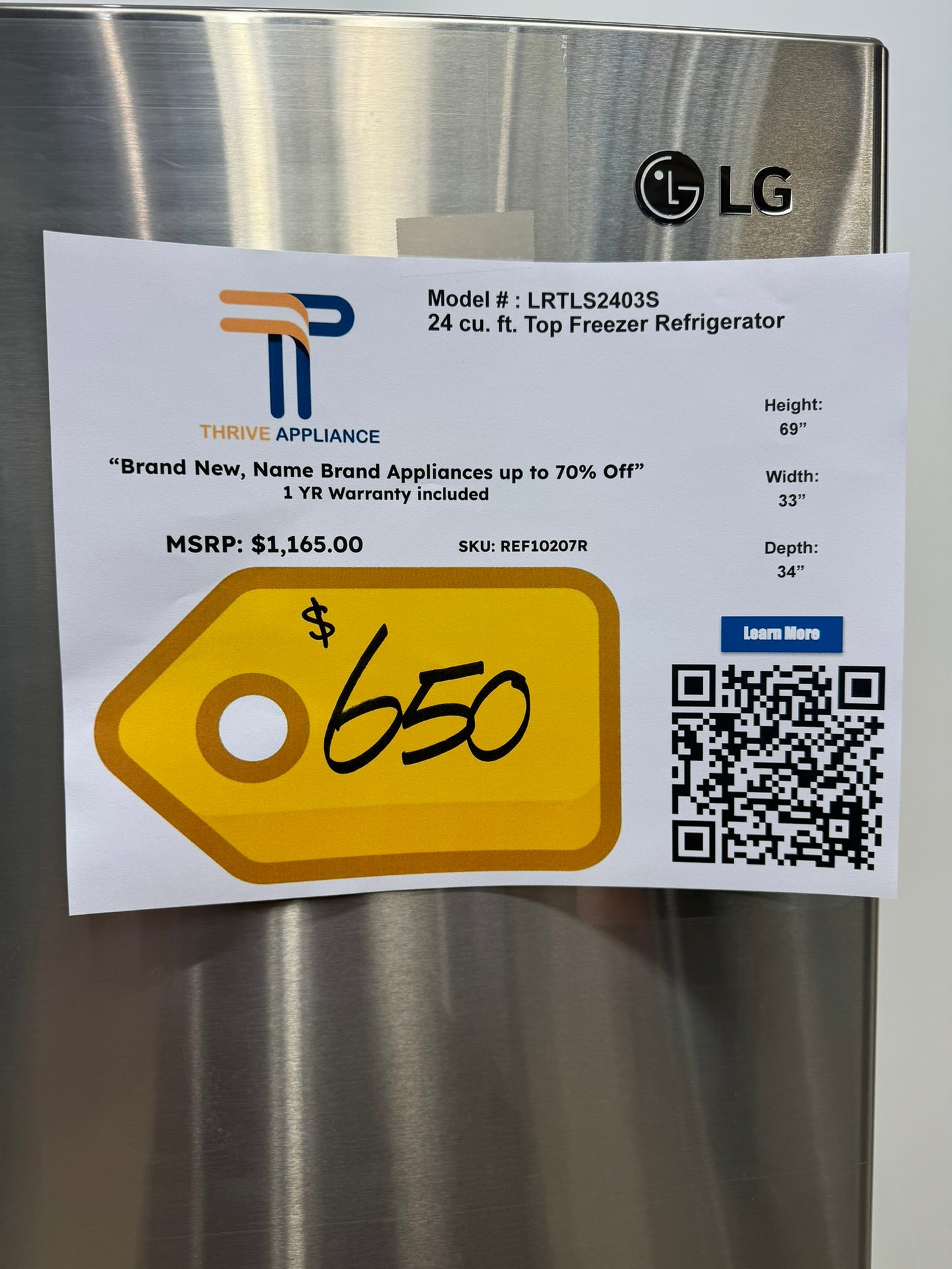 NEW LG TOP FREEZER REFRIGERATOR with INTERNAL WATER DISPENSER MODEL: LRTLS2403S REF10207R