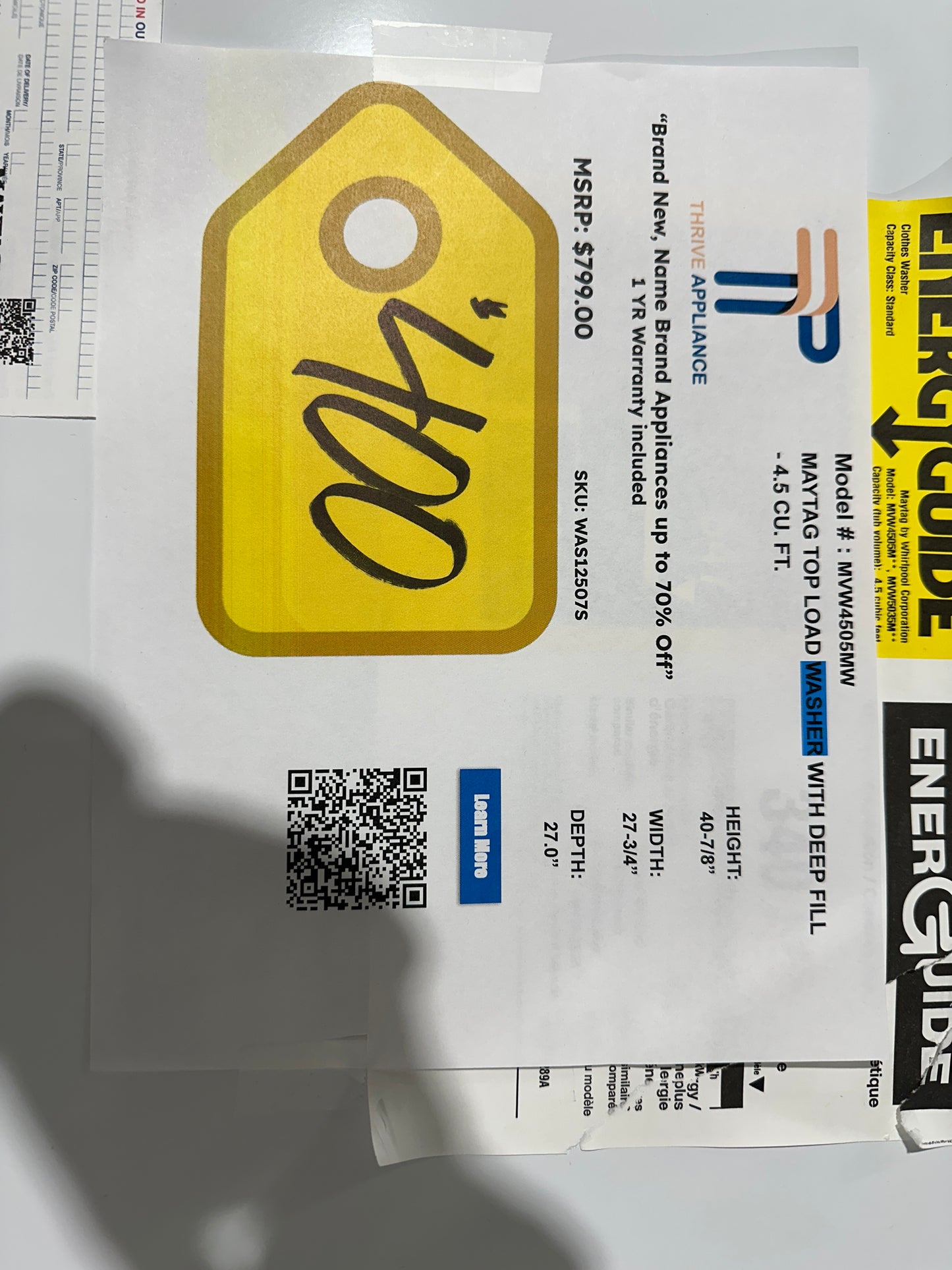 BRAND NEW! Maytag Top Load Washer with Deep Fill MODEL: MVW4505MW WAS12507S