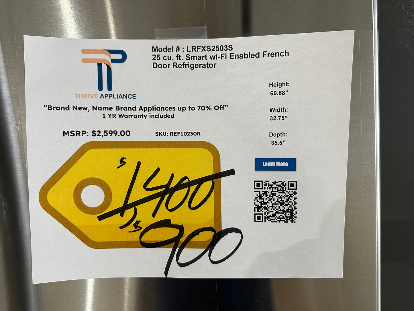 DISCOUNTED Smart Refrigerator with External Tall Ice and Water - MODEL: LRFXS2503S  REF10230RS