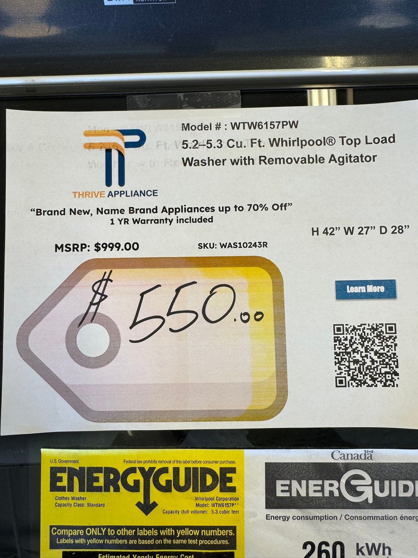 5.3 Cu. Ft. Whirlpool Top Load Washer With Removable Agitator  MODEL: WTW6157PW  WAS10243R