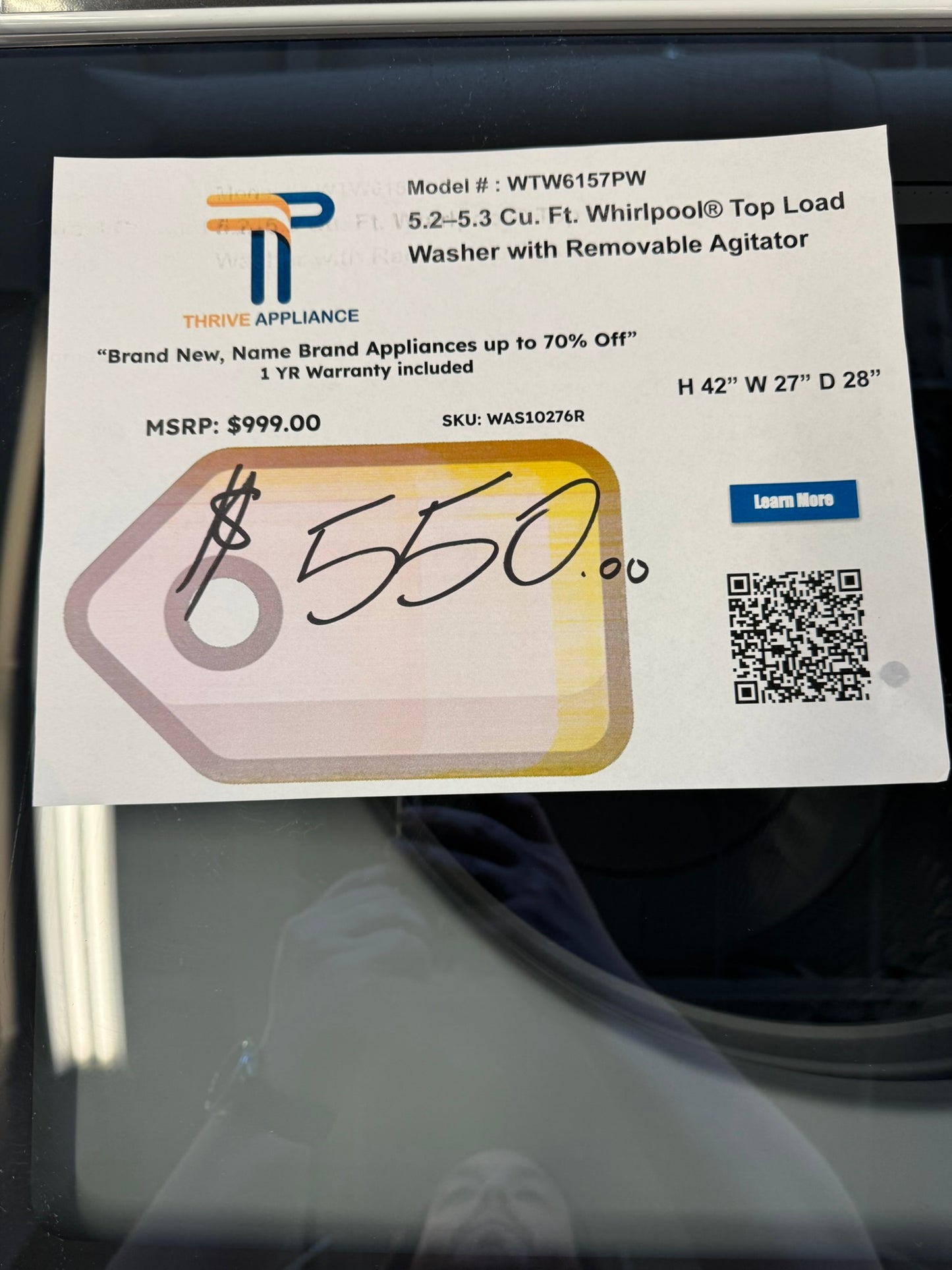 NEW TOP LOAD WHIRLPOOL WASHING MACHINE MODEL: WTW6157PW  WAS10276R
