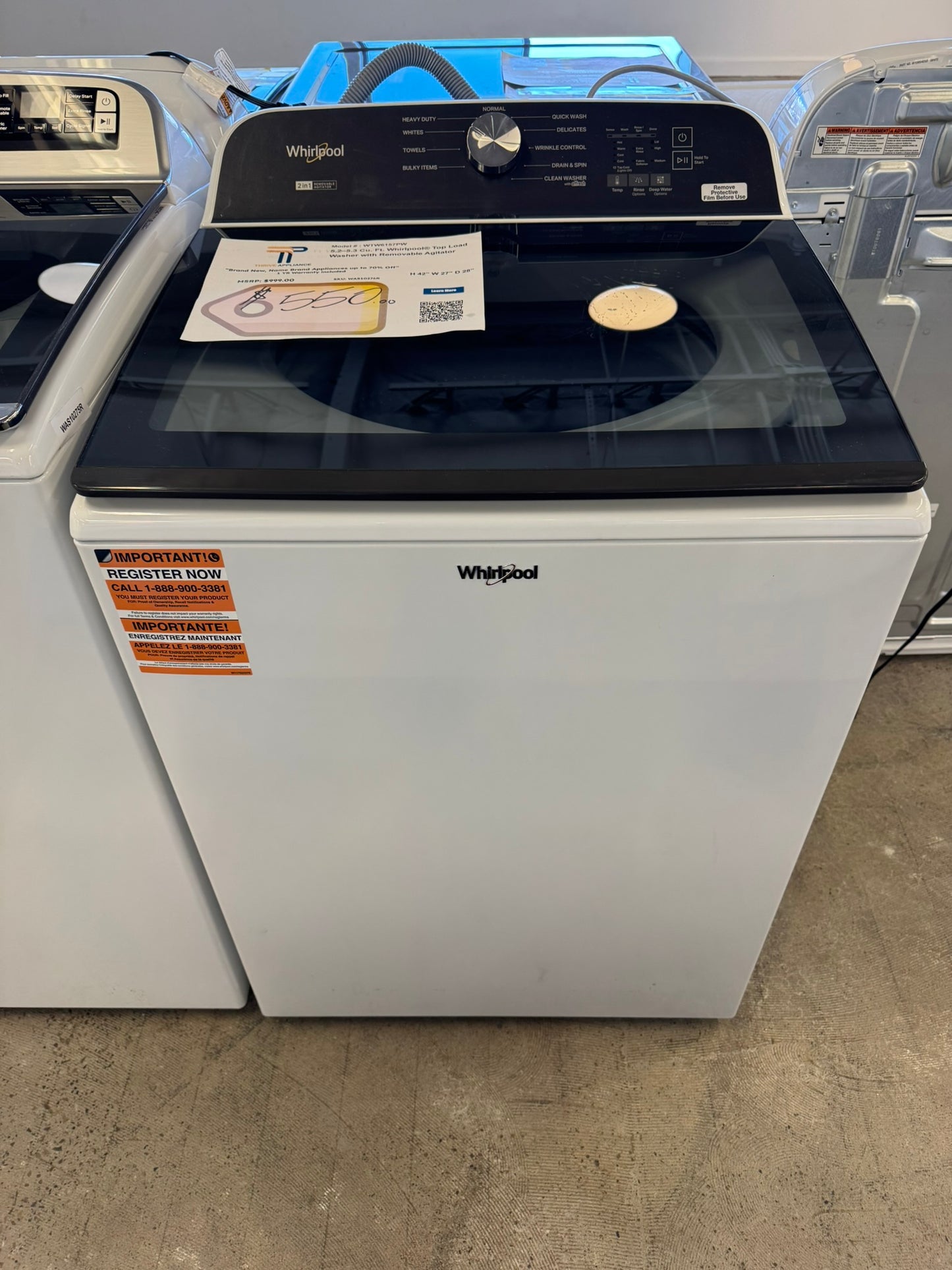 NEW TOP LOAD WHIRLPOOL WASHING MACHINE MODEL: WTW6157PW  WAS10276R