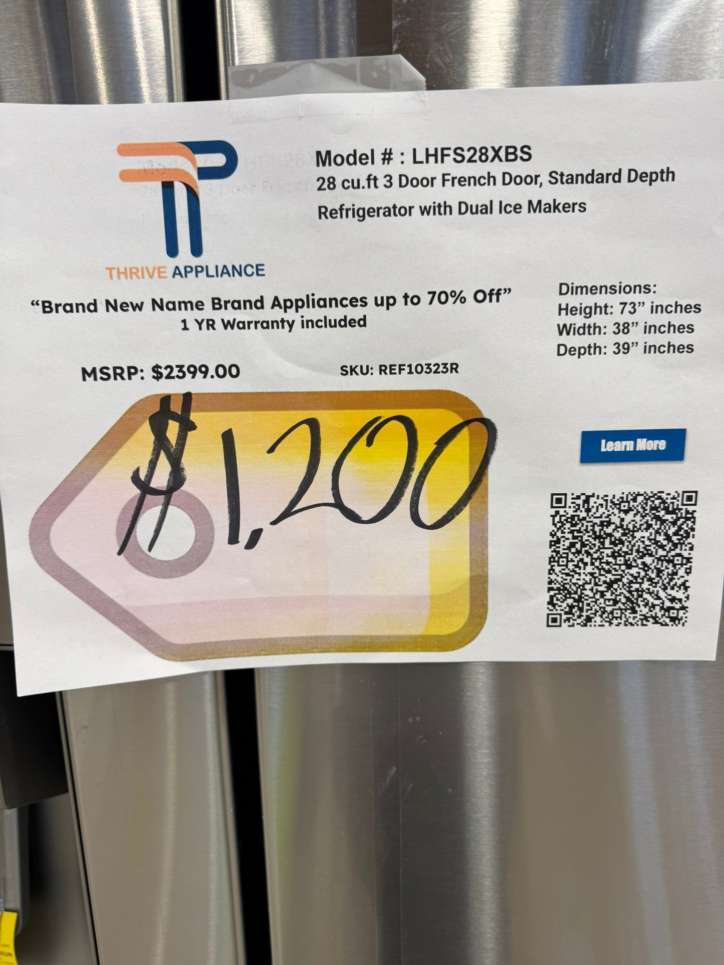 GREAT NEW LG STANDARD DEPTH FRENCH DOOR REFRIGERATOR MODEL: LHFS28XBS  REF10323R