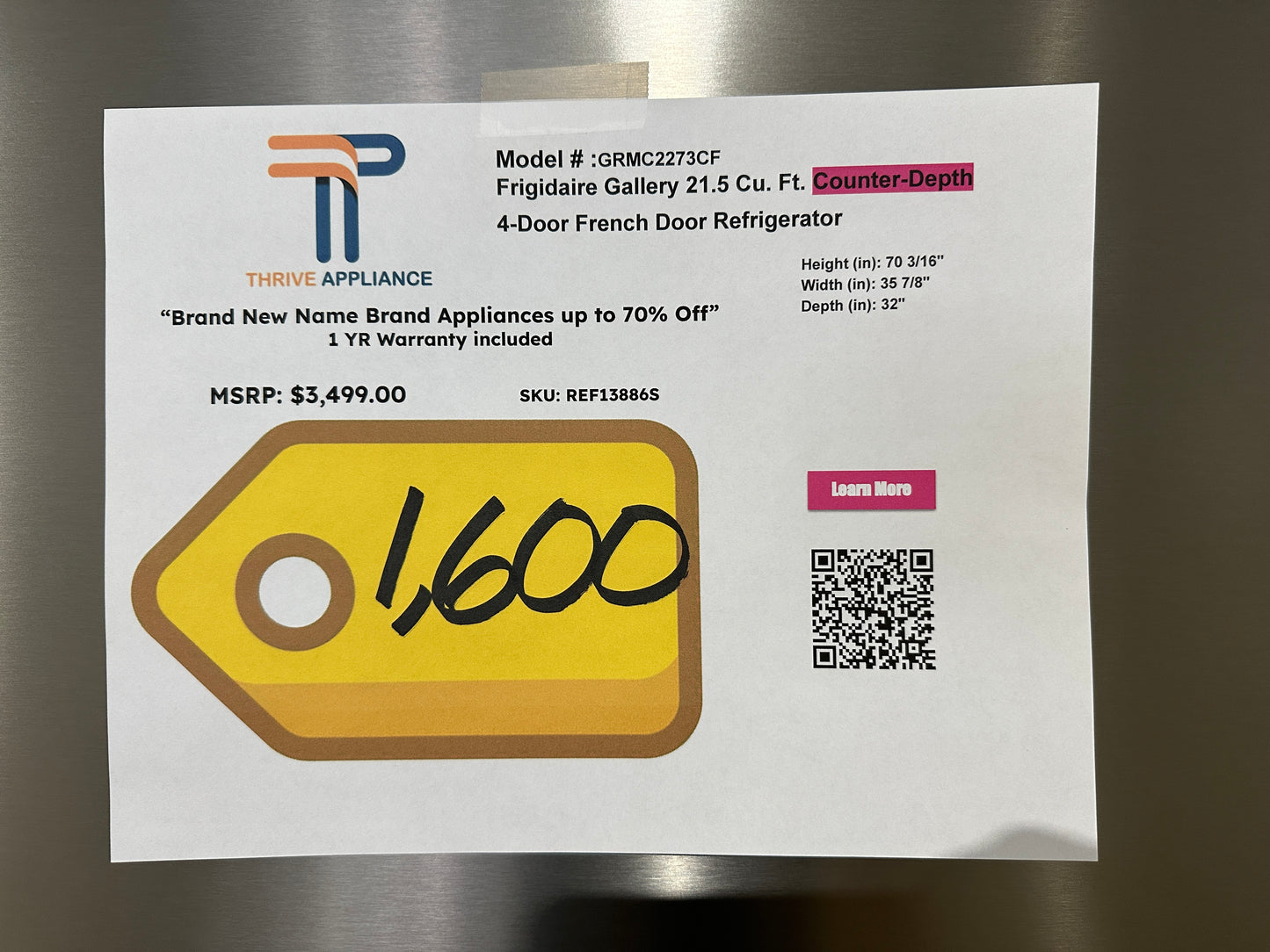 NEW! Frigidaire Gallery 21.5 Cu. Ft. Counter-Depth 4-Door French Door Refrigerator  MODEL: GRMC2273CF  REF13886S