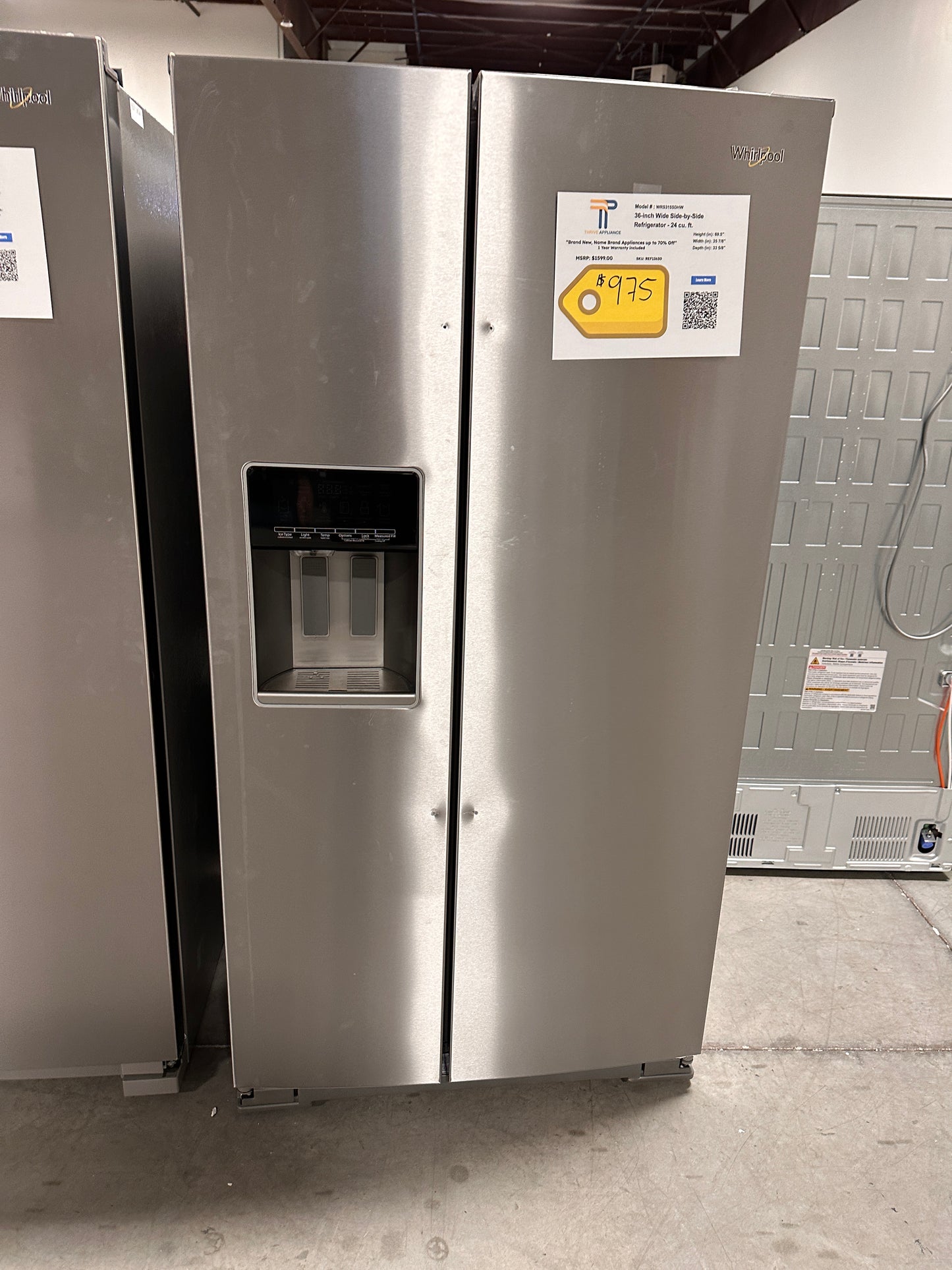 Brand New Whirlpool 36-inch Wide Side-by-Side Refrigerator Model: WRS588FIHZ REF13630