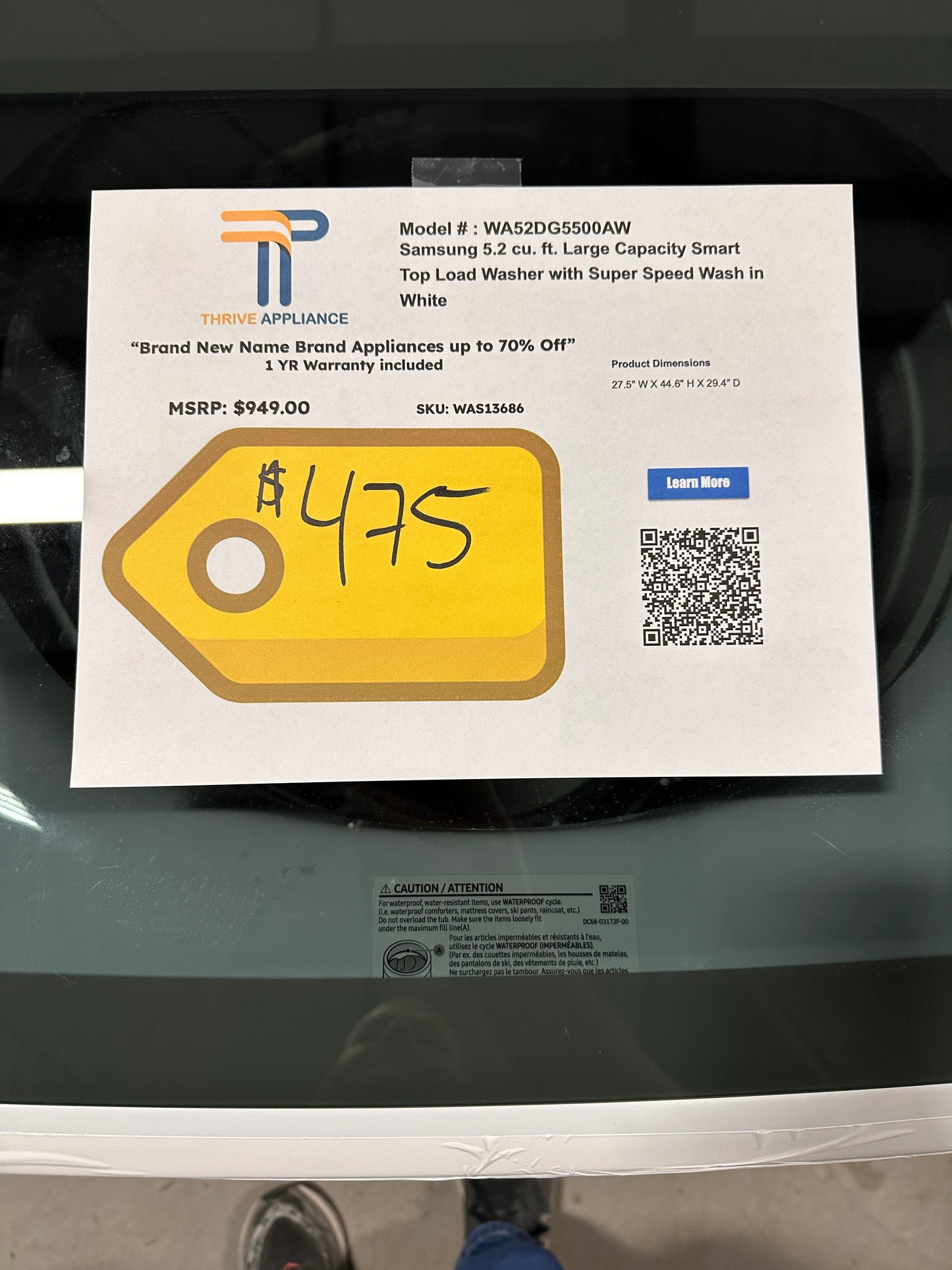 Samsung Washer Smart Top Load with Super Speed Wash MODEL: WA52DG5500AW WAS13686