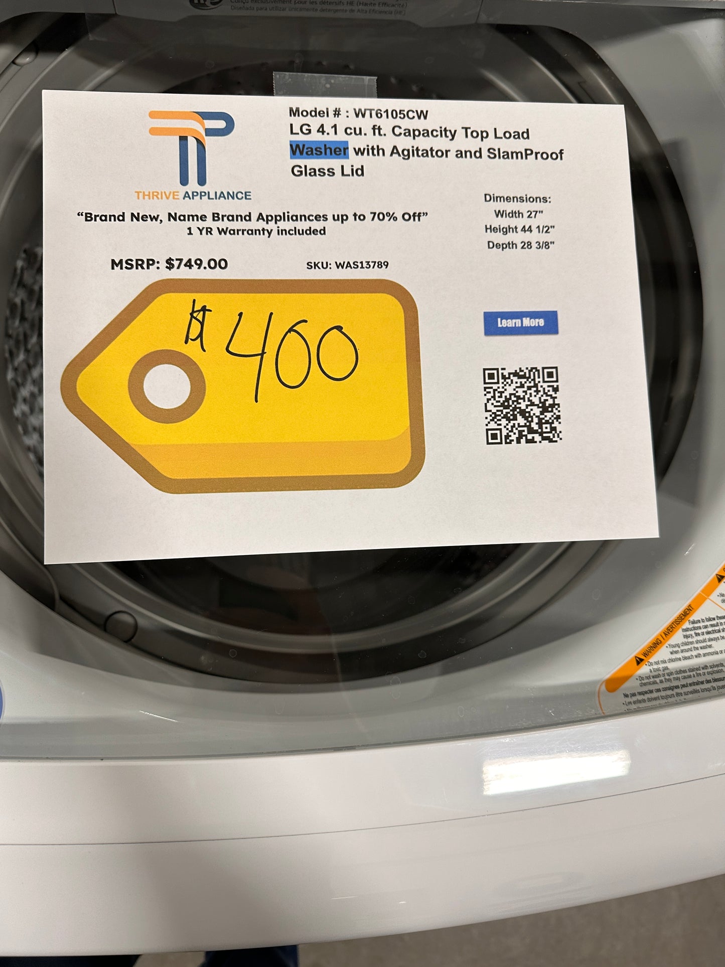 GREAT NEW LG TOP LOAD WASHER WITH TURBODRUM TECHNOLOGY MODEL: WT6105CW WAS13789