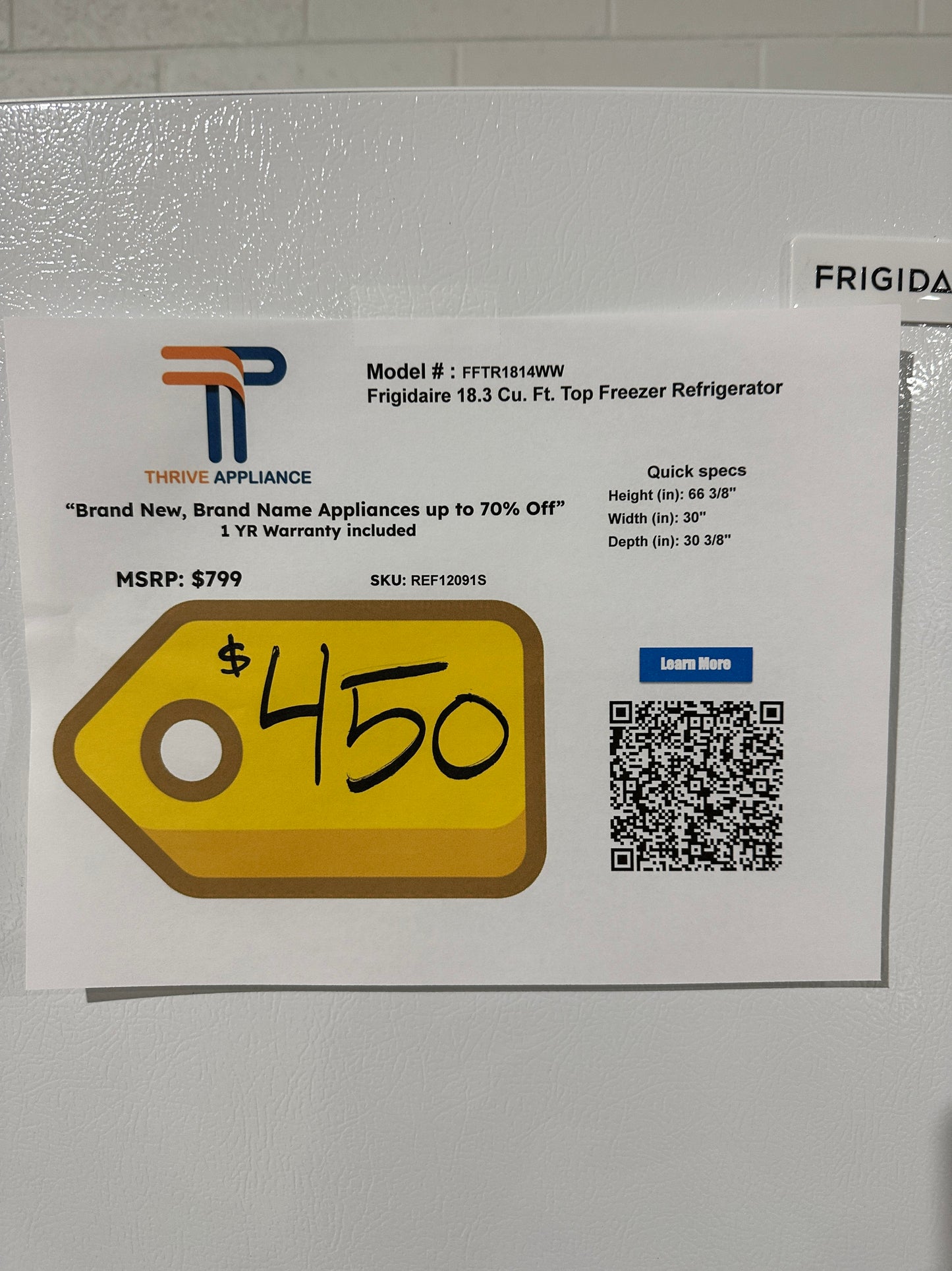 Frigidaire - 18.3 Cu. Ft. Top Freezer Refrigerator - White  Model:FFTR1814WW  REF12091S