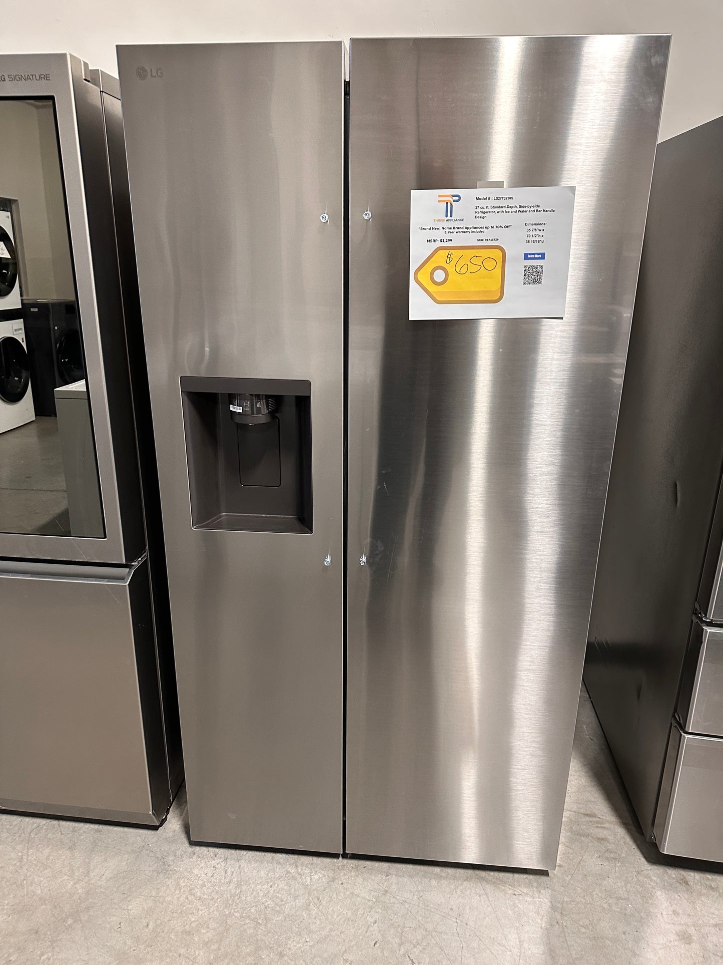 NEW! LG 27 Cu. Ft. Stainless Side-by-Side Smart Refrigerator  MODEL: LS27T3230S  REF13739