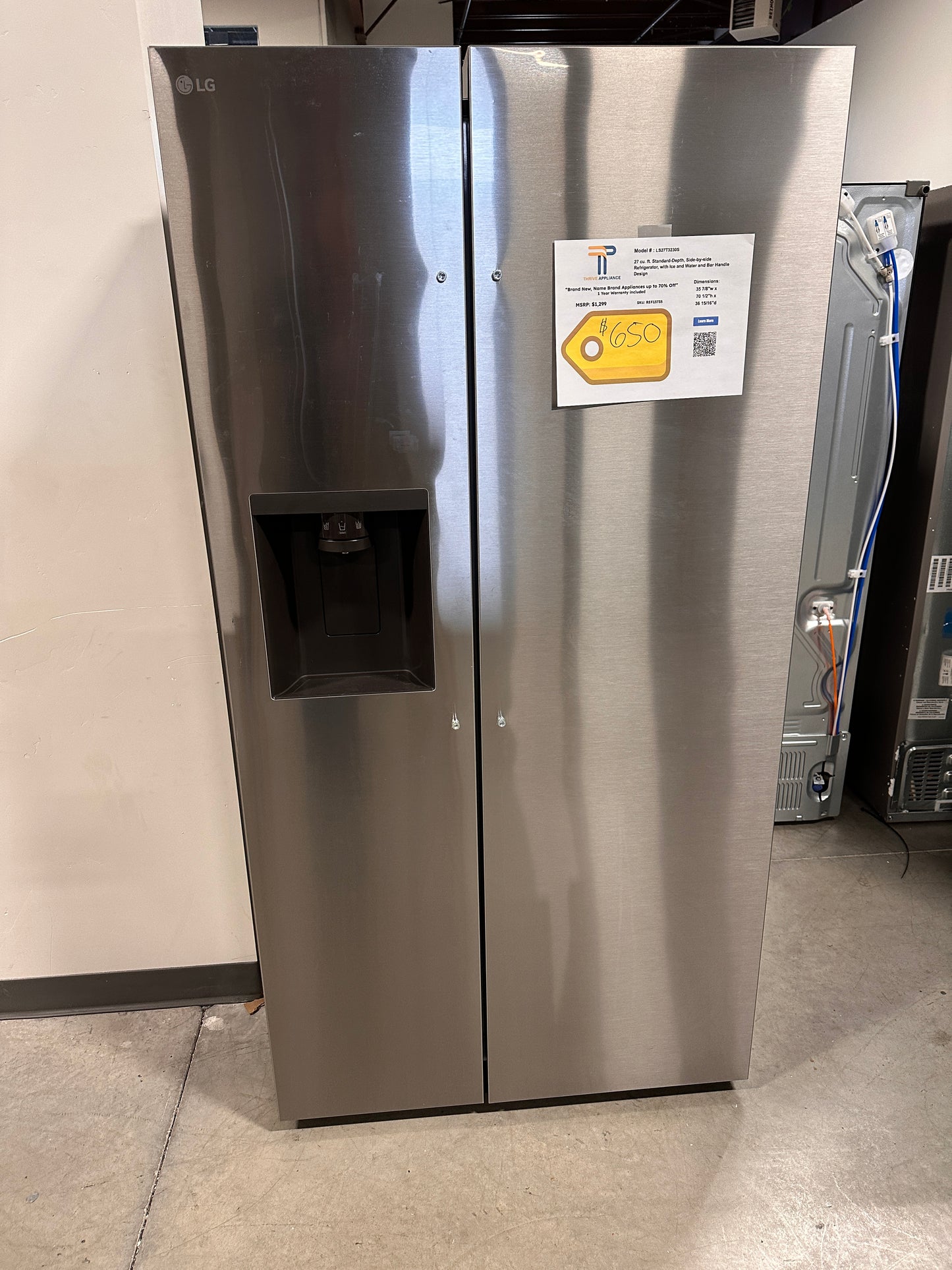 BRAND NEW! LG 27 Cu. Ft. Stainless Side-by-Side Smart Refrigerator MODEL: LS27T3230S  REF13735