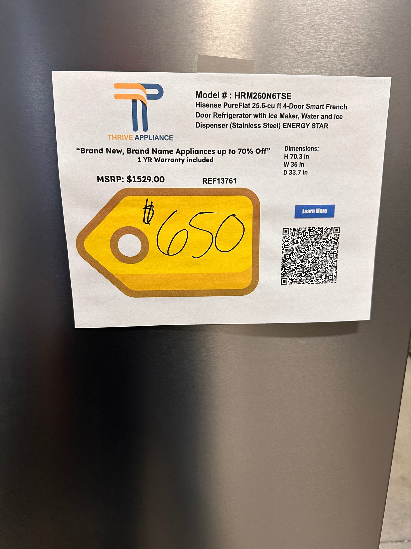 NEW! Hisense 25.6 Cu.Ft. Standard Depth 4 Door French Door Smart Refrigerator  MODEL: HRM260N6TSE  REF13761