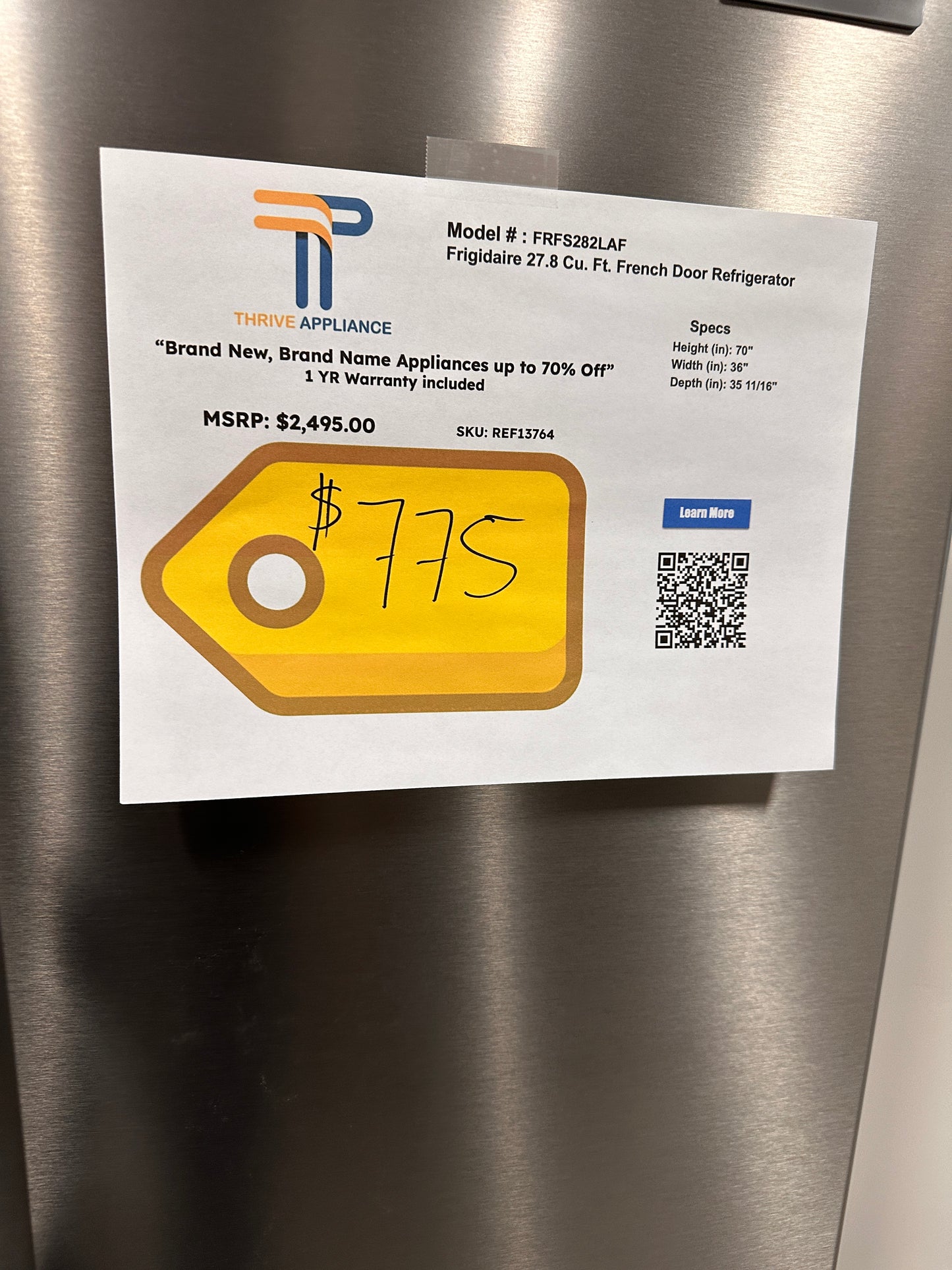 Frigidaire - 27.8 Cu. Ft. French Door Refrigerator - Stainless Steel  MODEL: FRFS282LAF  REF13764
