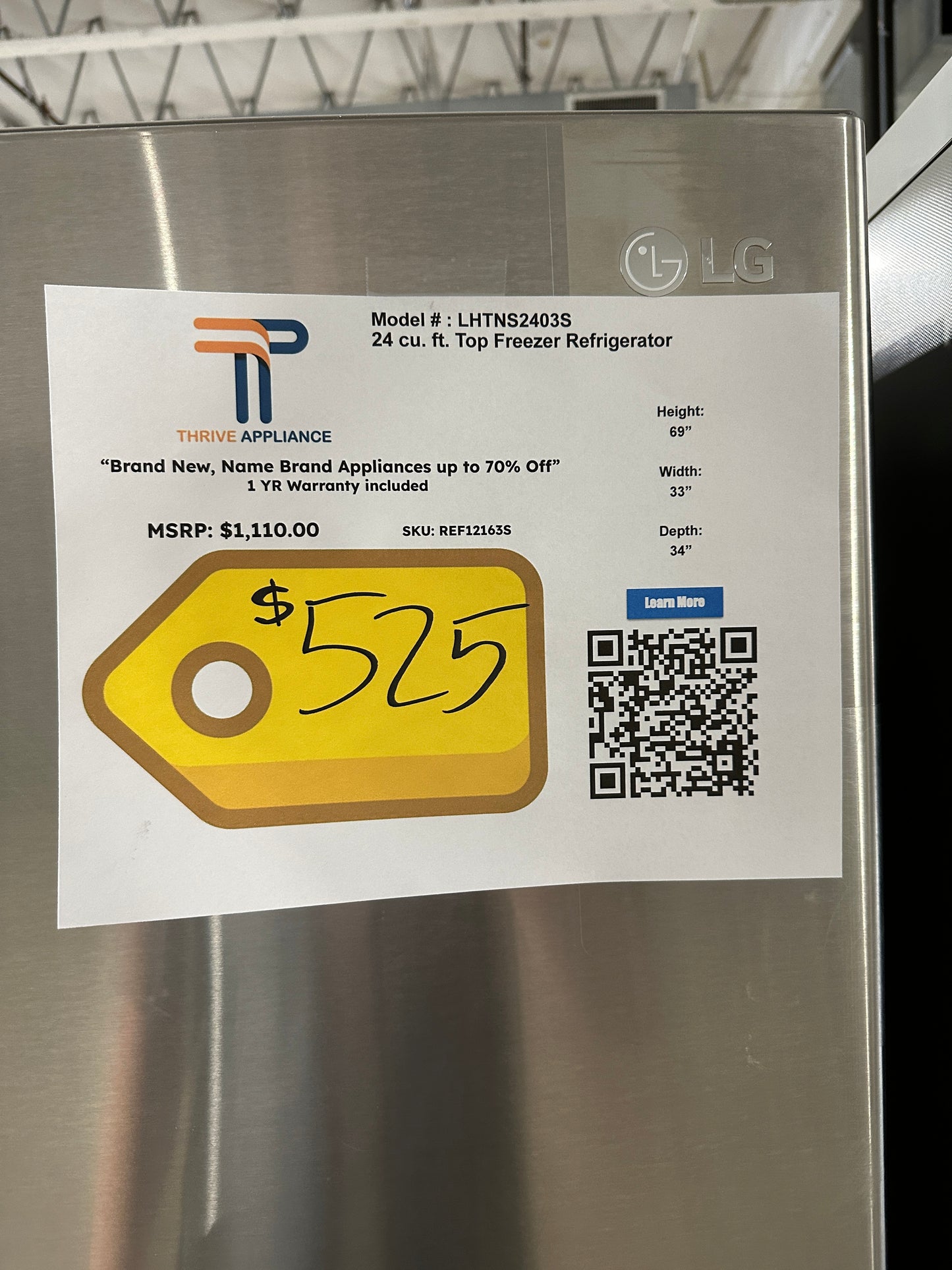 Top Mount Refrigerator with Internal Water Dispenser - Model:LRTLS2403S  REF12163S