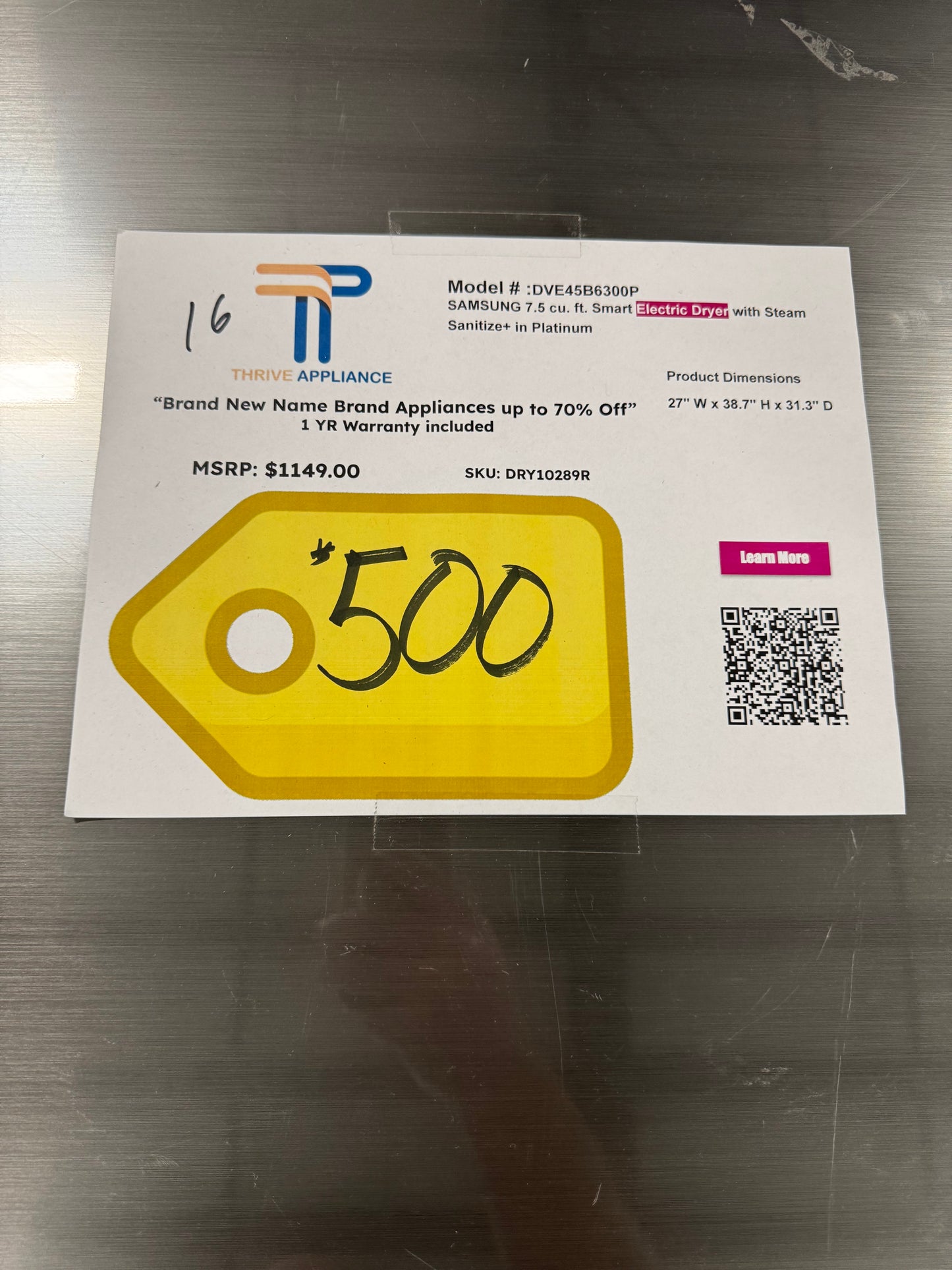 Samsung 7.5 cu. ft. Vented Smart Stackable Electric Dryer in Platinum with Steam Sanitize+ MODEL: DVE45B6300P SKU: DRY10389R