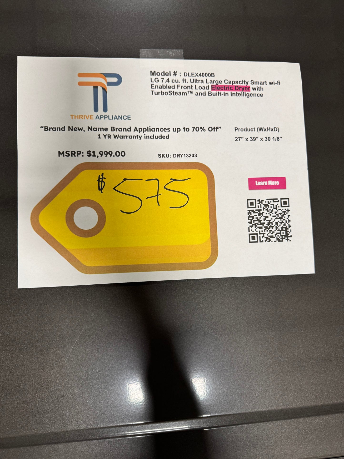 LG - 7.4 Cu. Ft. Stackable Smart Electric Dryer with Steam and Built-In Intelligence - Black Steel MODEL: DLEX4000B SKU: DRY13203