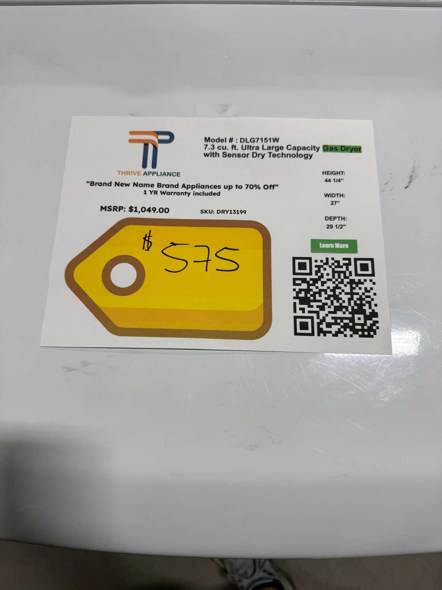 LG 7.3 Cu. Ft. Vented Gas Dryer in White with Sensor Dry Technology MODEL: DLG7151W SKU: DRY13199