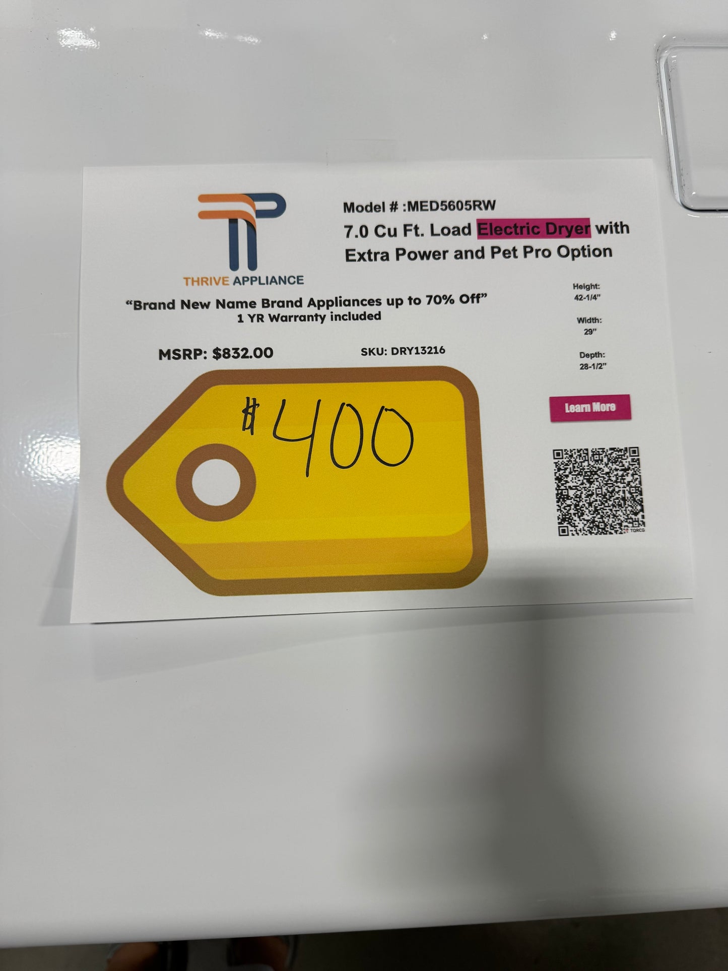 Maytag 7.0 Cu Ft. Load Electric Dryer with Extra Power and Pet Pro Option MODEL: MED5605RW SKU: DRY13216