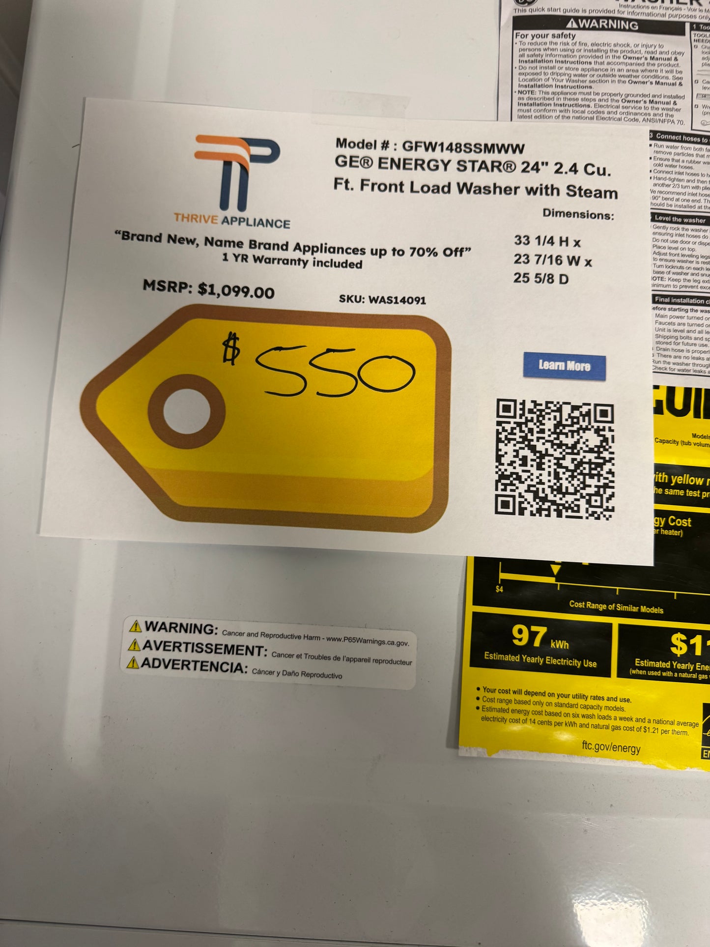 GE® ENERGY STAR® 24" 2.4 Cu. Ft. COMPACT Front Load Washer with Steam MODEL: GFW148SSMWW SKU: WAS14091