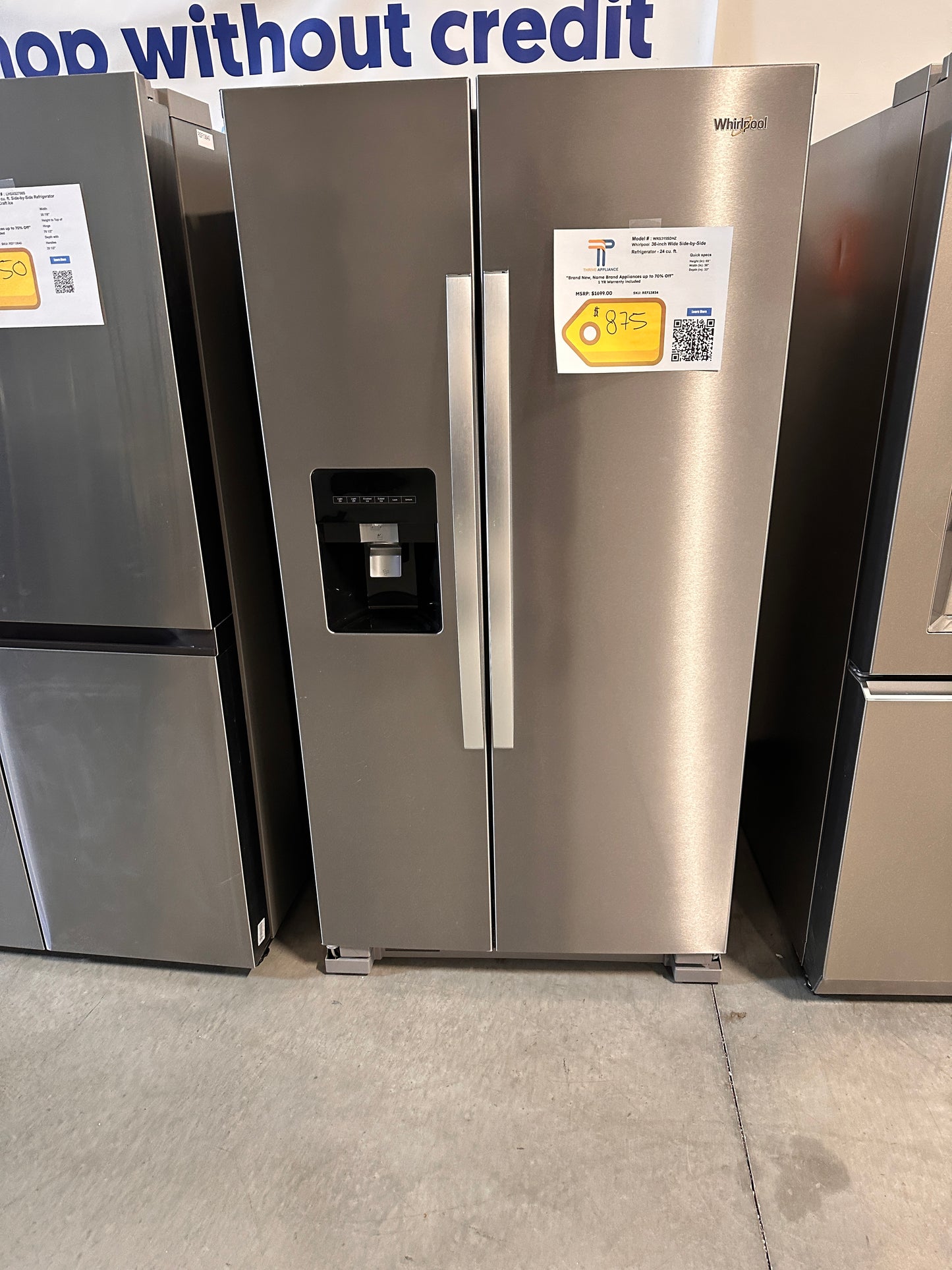 NEW! Whirlpool 36 Side-By-Side Refrigerator  MODEL: WRS315SDHZ  REF13834