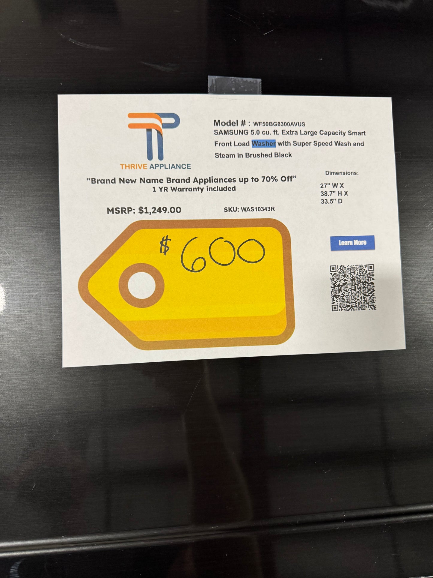 Samsung 5 cu. ft. Extra-Large Capacity Smart Front Load Washer in Brushed Black with Super Speed Wash and Steam MODEL: WF50BG8300AV  SKU: WAS10343R