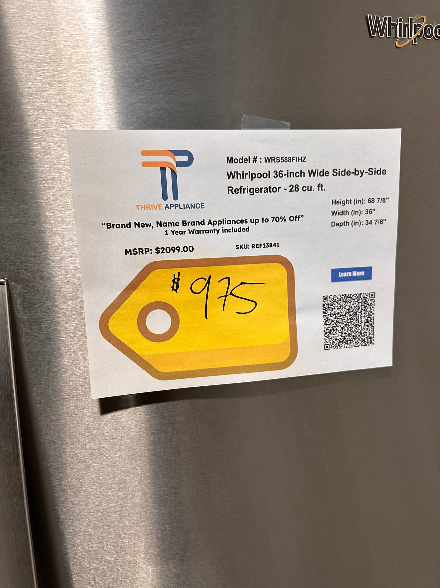 NEW WHIRLPOOL SIDE-BY-SIDE REFRIGERATOR MODEL: WRS588FIHZ  REF13841