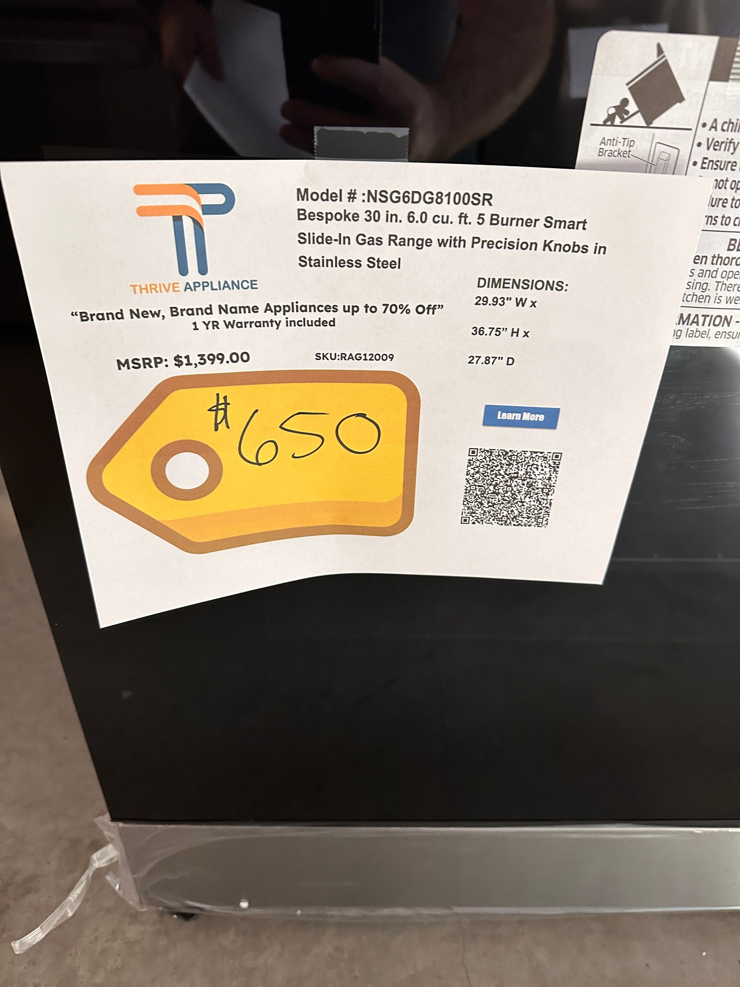 BRAND NEW! Samsung Bespoke 30" Slide In Gas Range  MODEL: NSG6DG8100SR  RAG12009