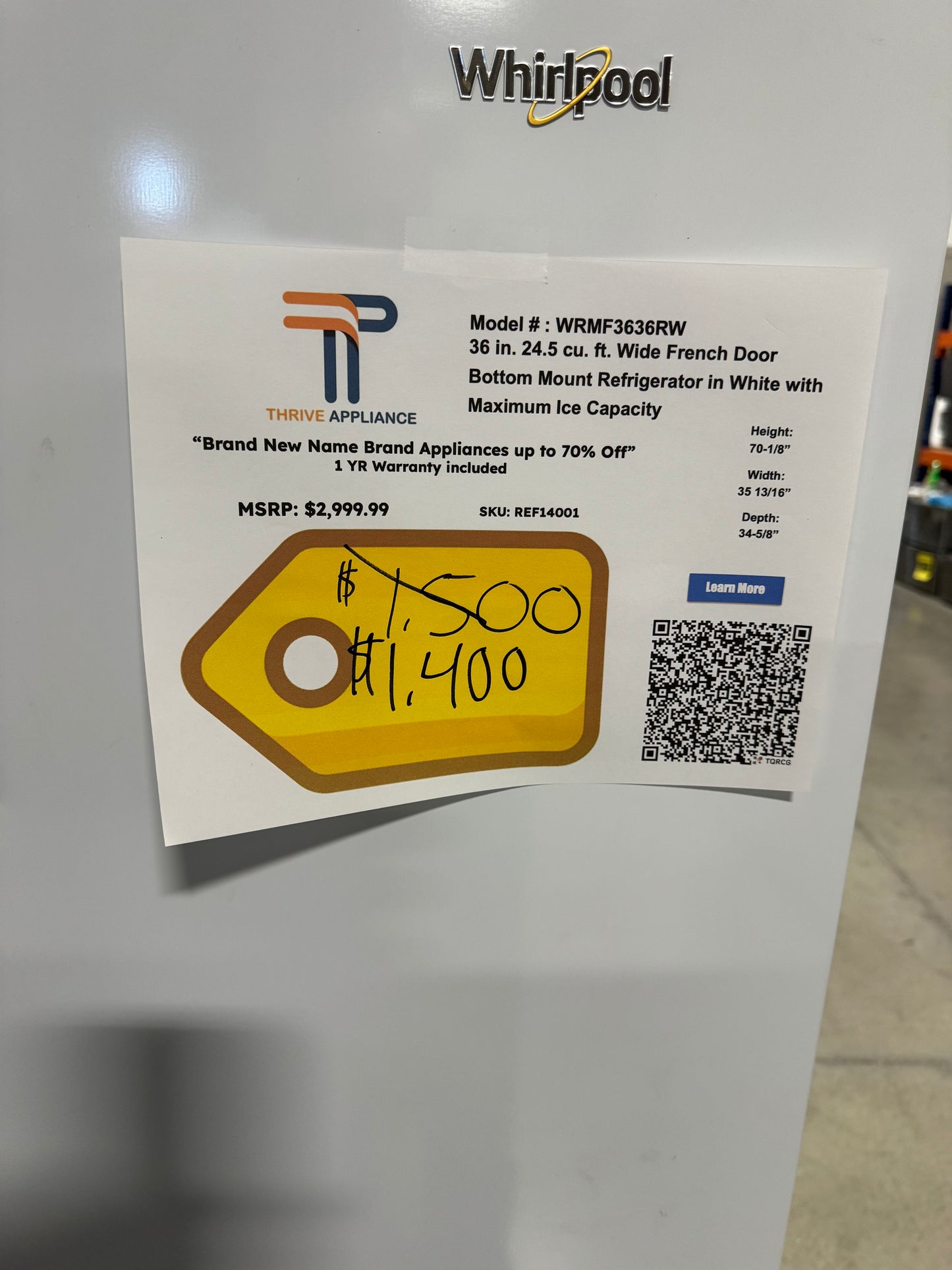 Whirlpool 36 in. 24.5 cu. ft. Wide French Door Bottom Mount Refrigerator in White with Maximum Ice Capacity