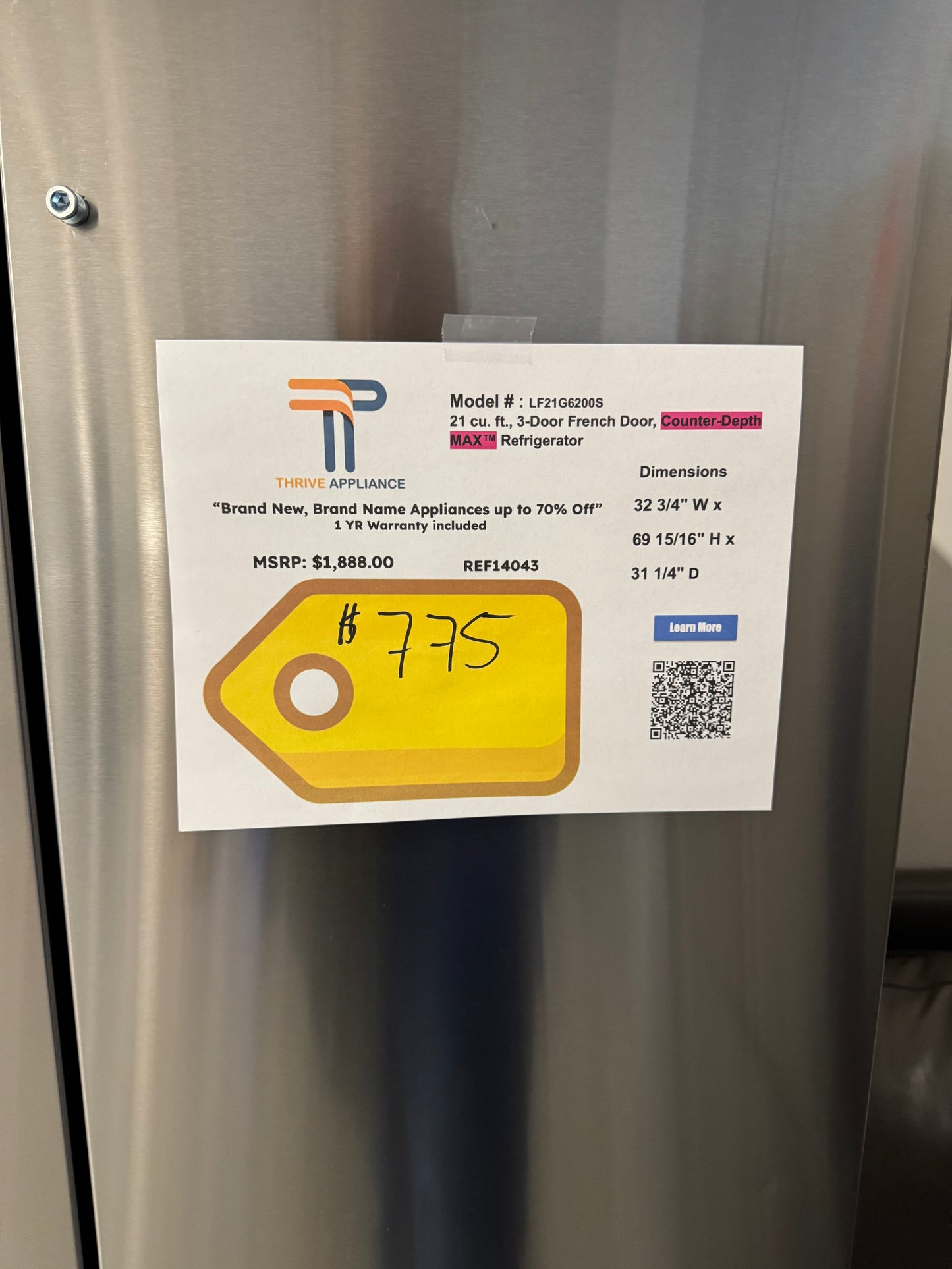 LG 21 Cu. Ft. Counter Depth French Door Refrigerator  MODEL: LF21G6200S  REF14043