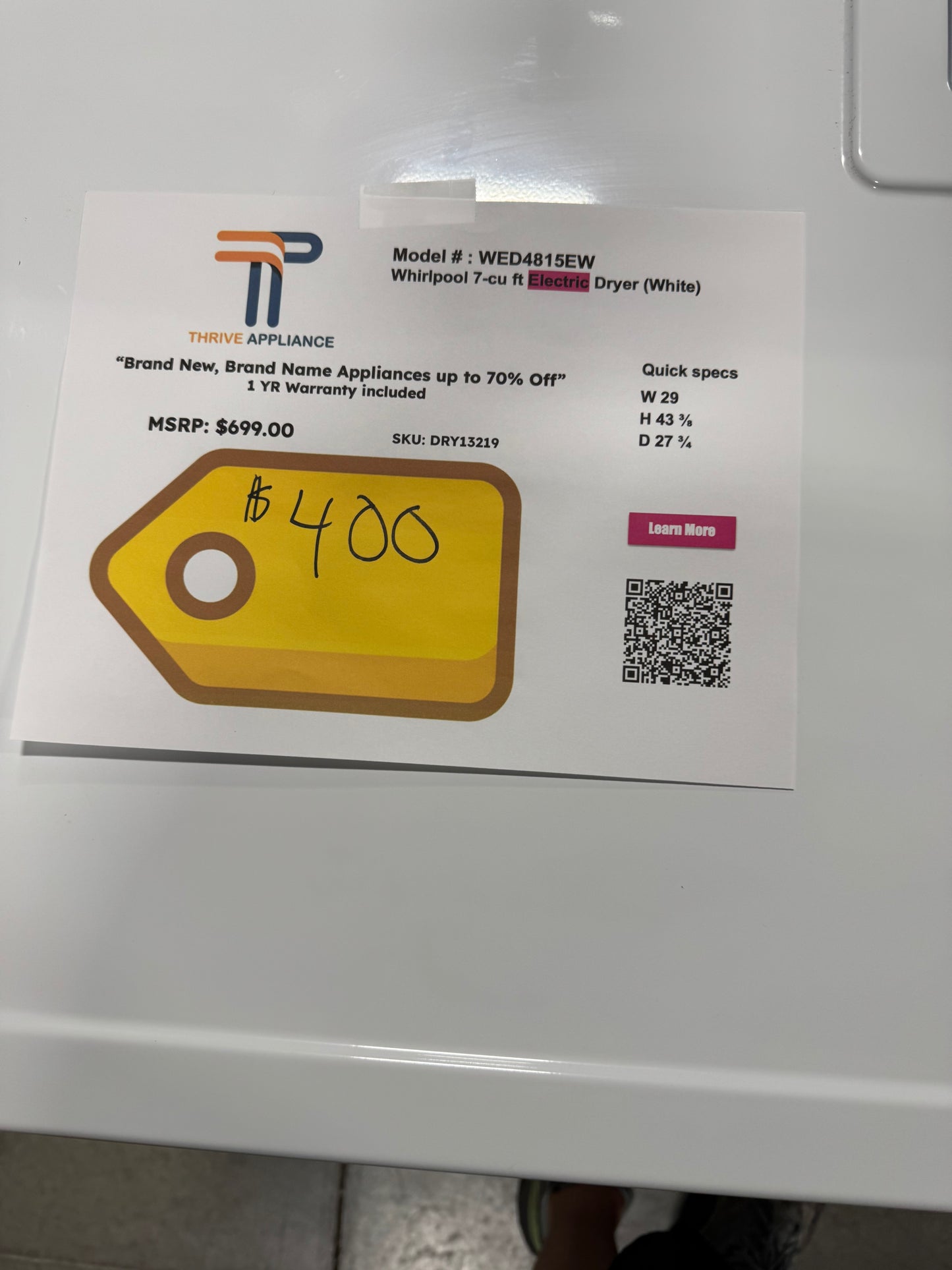 Whirlpool 7-cu ft Vented Electric Dryer ( White ) MODEL: WED4815EW  SKU: DRY13219