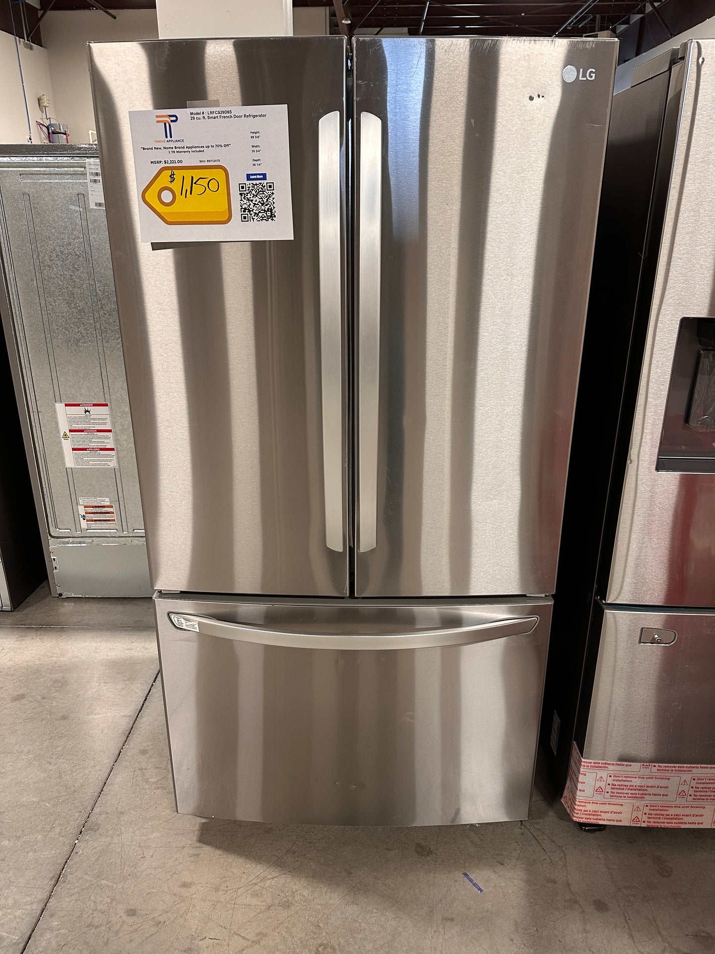 NEW LG 29 CU FT SMART REFRIGERATOR - Model:LRFWS2906S  REF12670